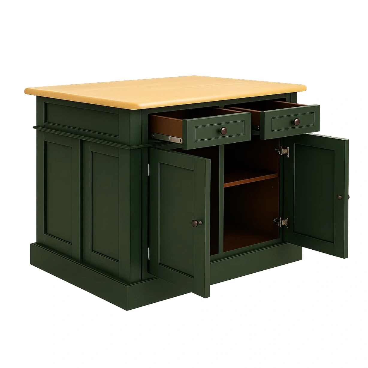 Îlot de cuisine rectangulaire avec double placard et deux tiroirs, en MDF, coloris vert foncé et chêne, sans roulettes, 120 x 75 x 90 cm, pour cuisine classique - XKDB5jvw9woI