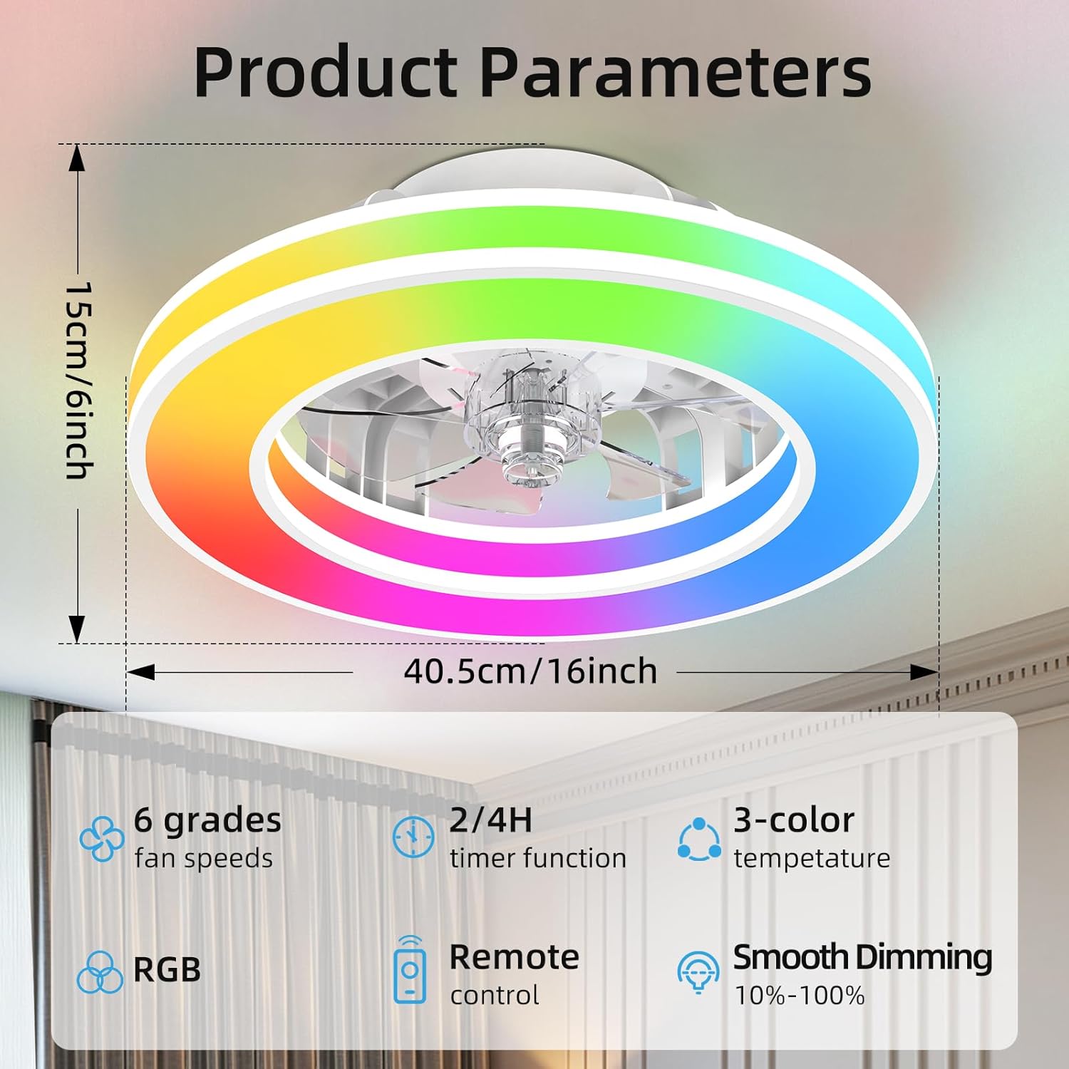 Ventilateur de plafond avec lumière 40,5 cm, silencieux 20 W, intensité variable 3000 K-4000 K-6500 K, 6 vitesses, télécommande, minuterie, mémoire de lumière, réversible