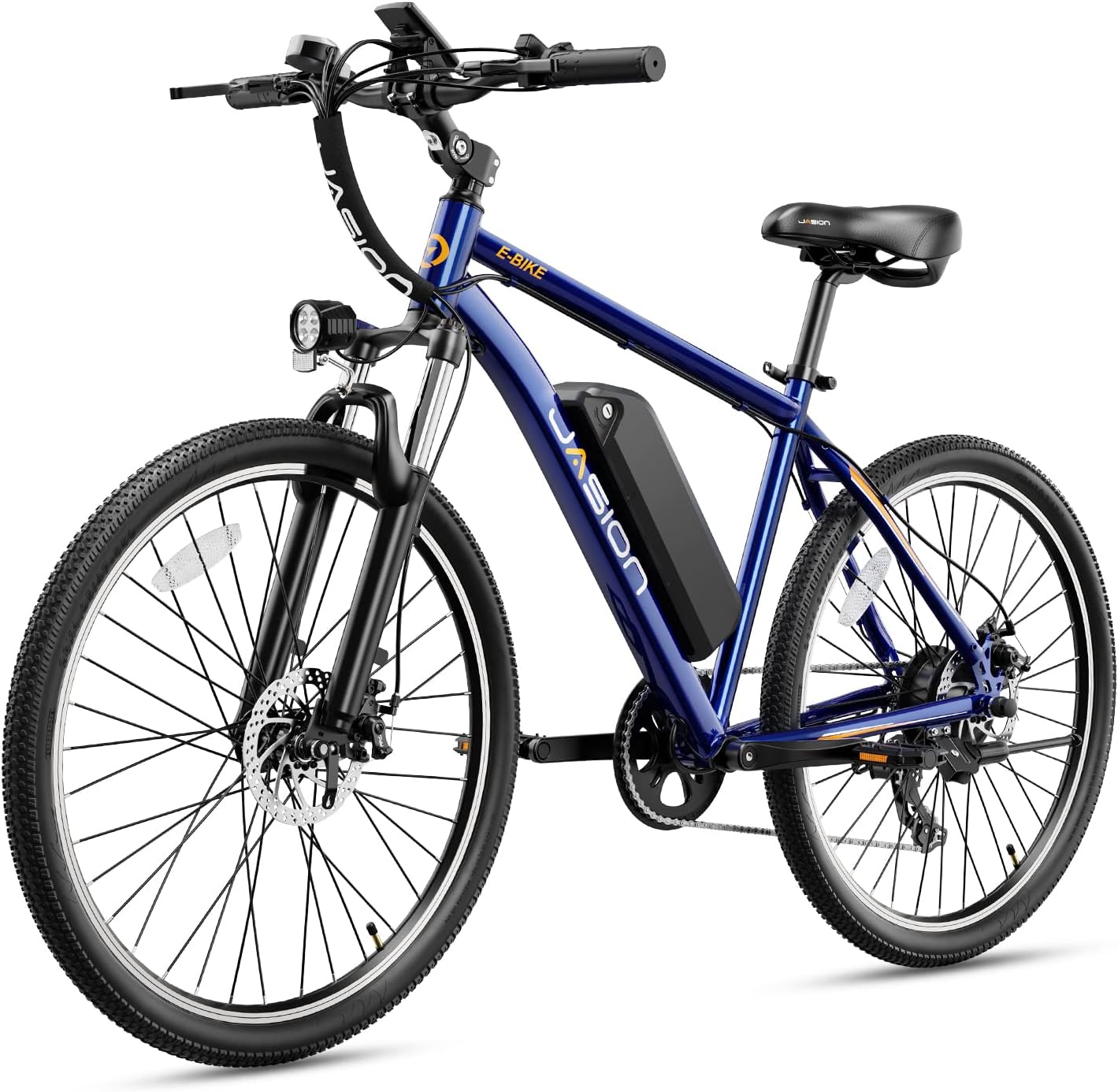 Vélo électrique Jasion EB5 pour adultes avec batterie amovible de 360 ​​Wh, 64 km, 32 km/h, VTT électrique de ville avec moteur de 350 W, 7 vitesses, pneus de 26 pouces et suspension avant.