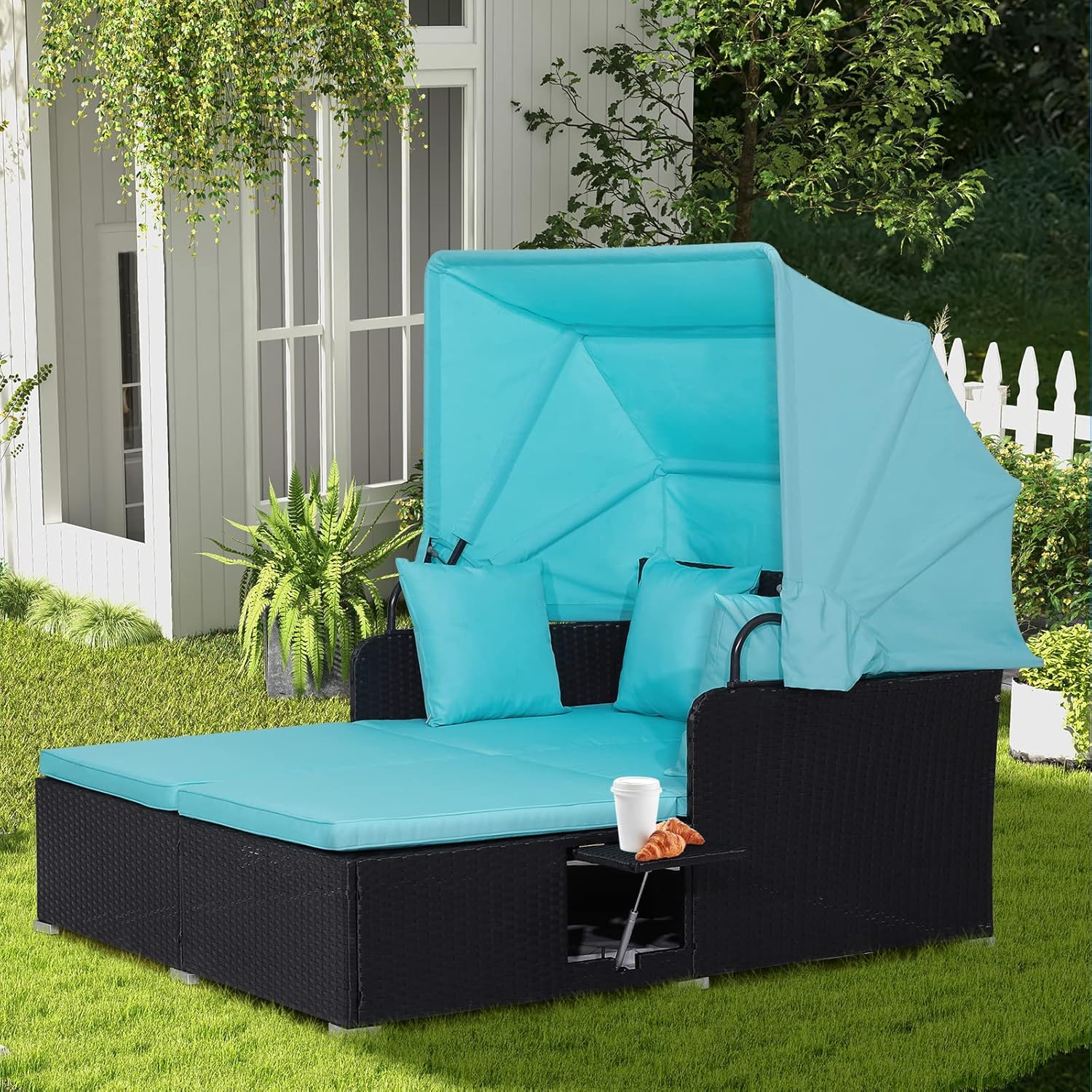 RELAX4LIFE udendørs haveseng med baldakin. Vævet harpiks liggestol med hynder. 4 puder og 2 udtrækkelige sidebakker. Loungeseng til 2 personer til pool, veranda, have. Rattan udendørs seng (turkis)