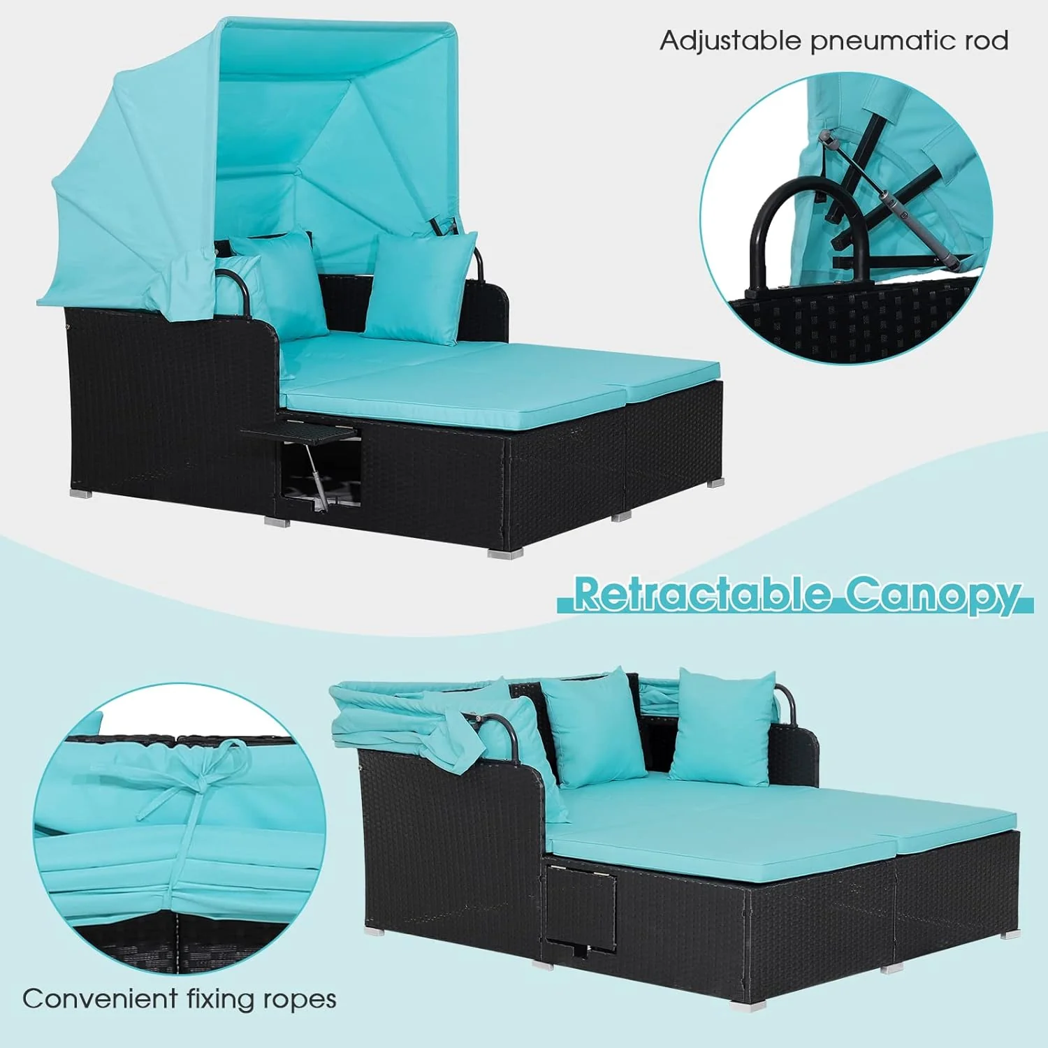 RELAX4LIFE udendørs haveseng med baldakin. Vævet harpiks liggestol med hynder. 4 puder og 2 udtrækkelige sidebakker. Loungeseng til 2 personer til pool, veranda, have. Rattan udendørs seng (turkis)