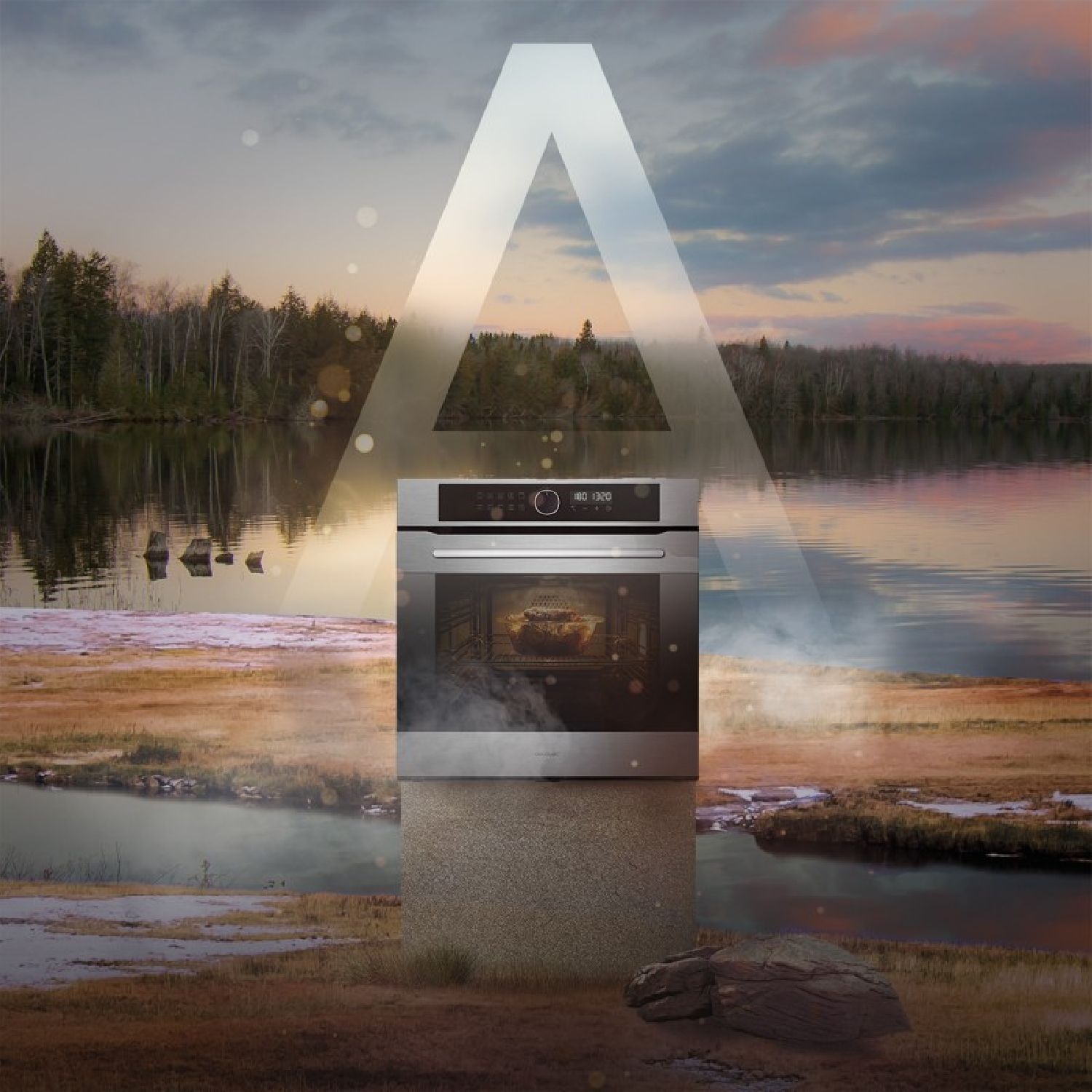 Einbau-Heißluftfritteuse aus Edelstahl mit 72 Litern Fassungsvermögen und 11 Funktionen, darunter Airfryer Master, Pizza Master, Dampfgarhilfe und Dampf-Easyclea.