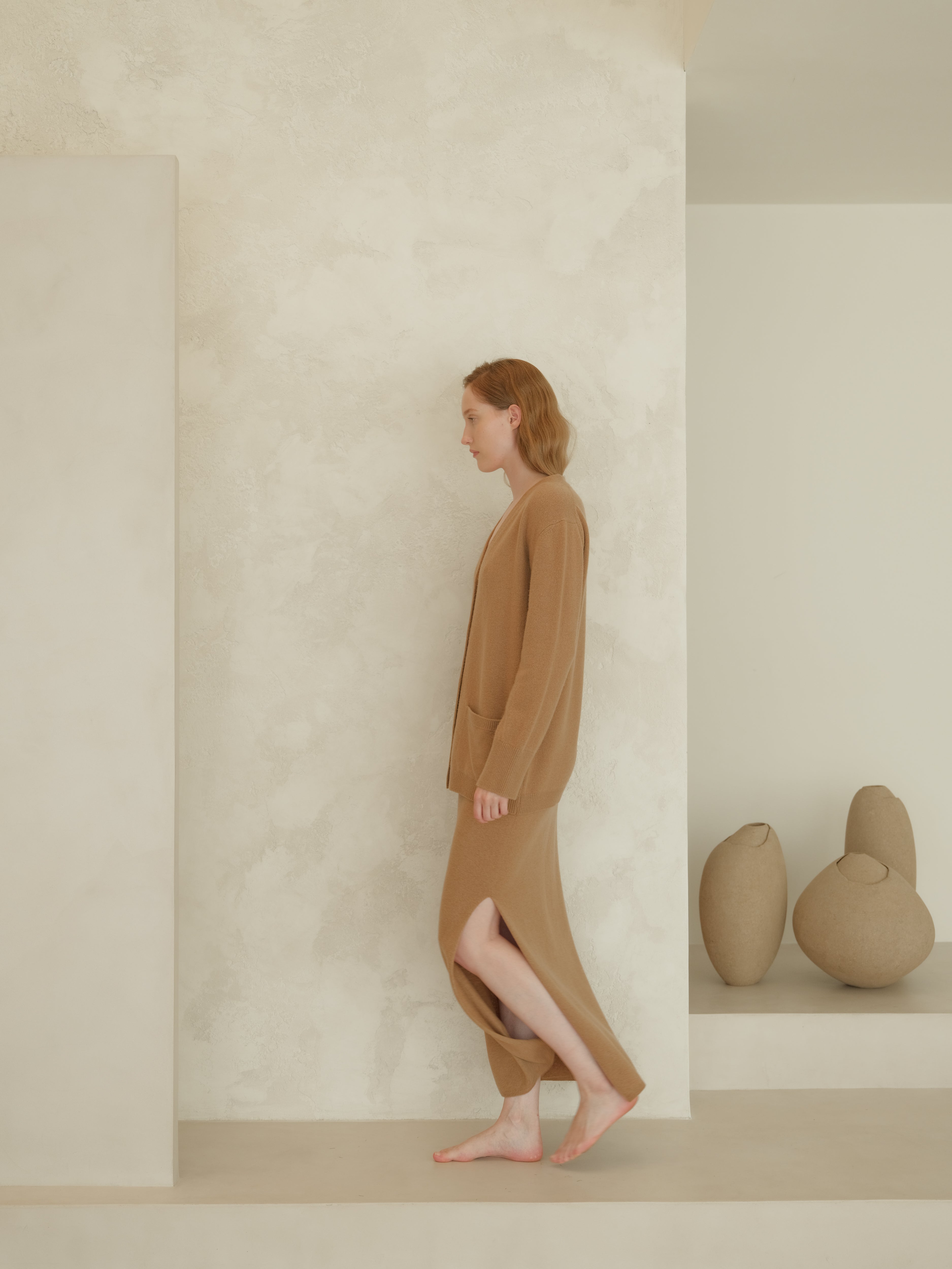 Cashmere Blend High-Waist Long Skirt With Side Slit (3D-Knit)