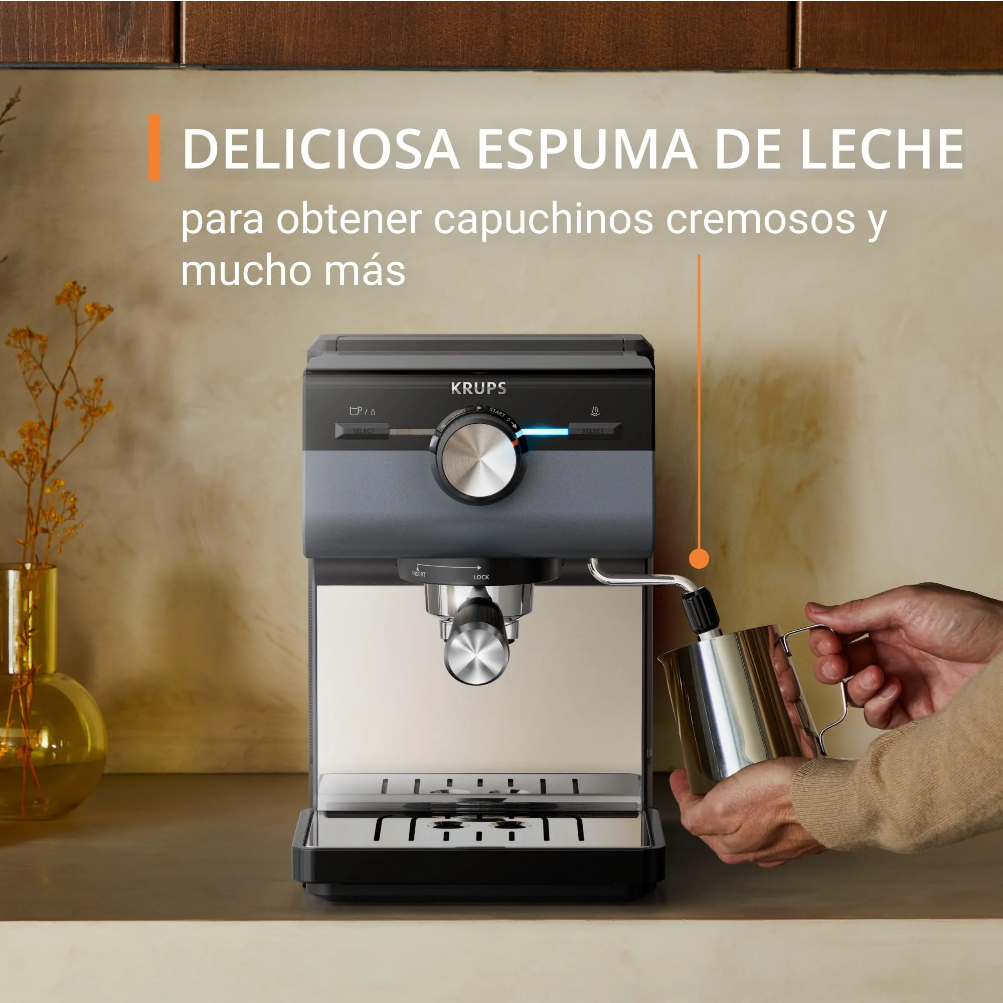 Machine à expresso Krups Virtuoso Essential - 15 bars. Acier inoxydable noir. Design compact et élégant. Arrêt automatique. Expresso et cappuccino. Thermobloc. Buse vapeur. Doseur inclus. XP4418