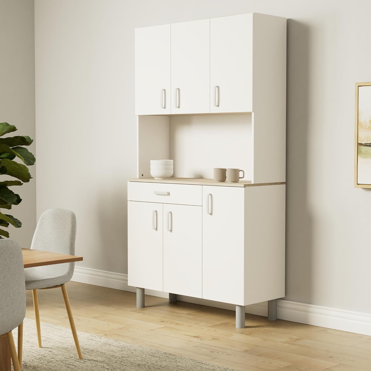 Miroytengo Küchenbeistellschrank, Küchenschrank, Buffet-Küchenschrank mit 6 Türen, Weiß und Eiche Kronberg, 101 x 185 cm