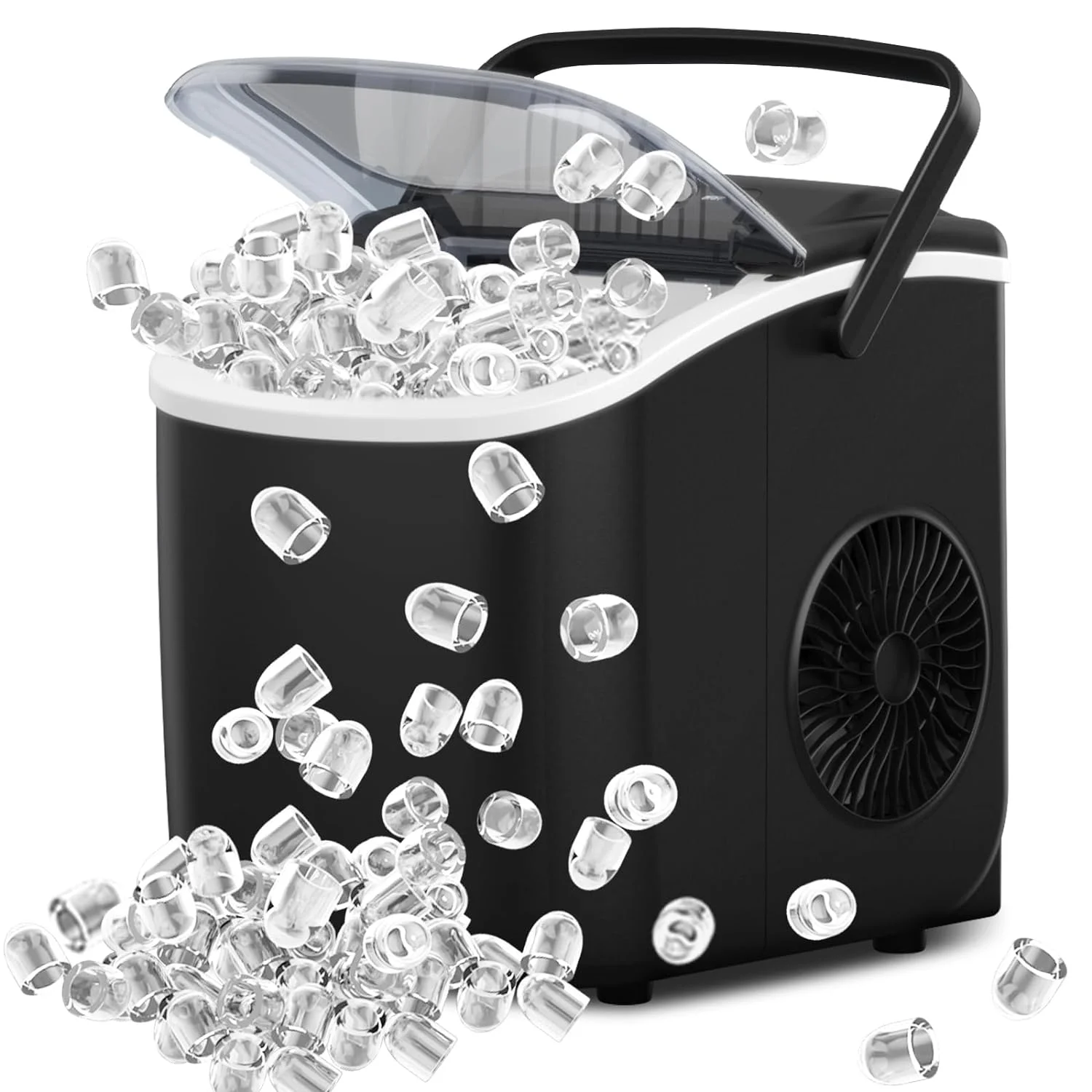 2025 Joy Pebble Bullet bordismaskine med håndtag. Producerer 9 sfæriske isterninger på 6 minutter. Kapacitet 11,8 kg/24 timer. Bærbar, selvrensende maskine. Inkluderer kurv og ske. Ideel til hjemmet, køkkenet, camping og autocampere.