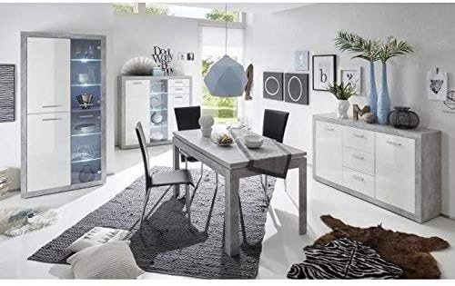 STONE Große Vitrine mit Betonoptik und hochglänzendem Weiß, moderne Vitrine mit LED-Beleuchtung und viel Stauraum, 92 x 194 x 37 cm (B x H x T)