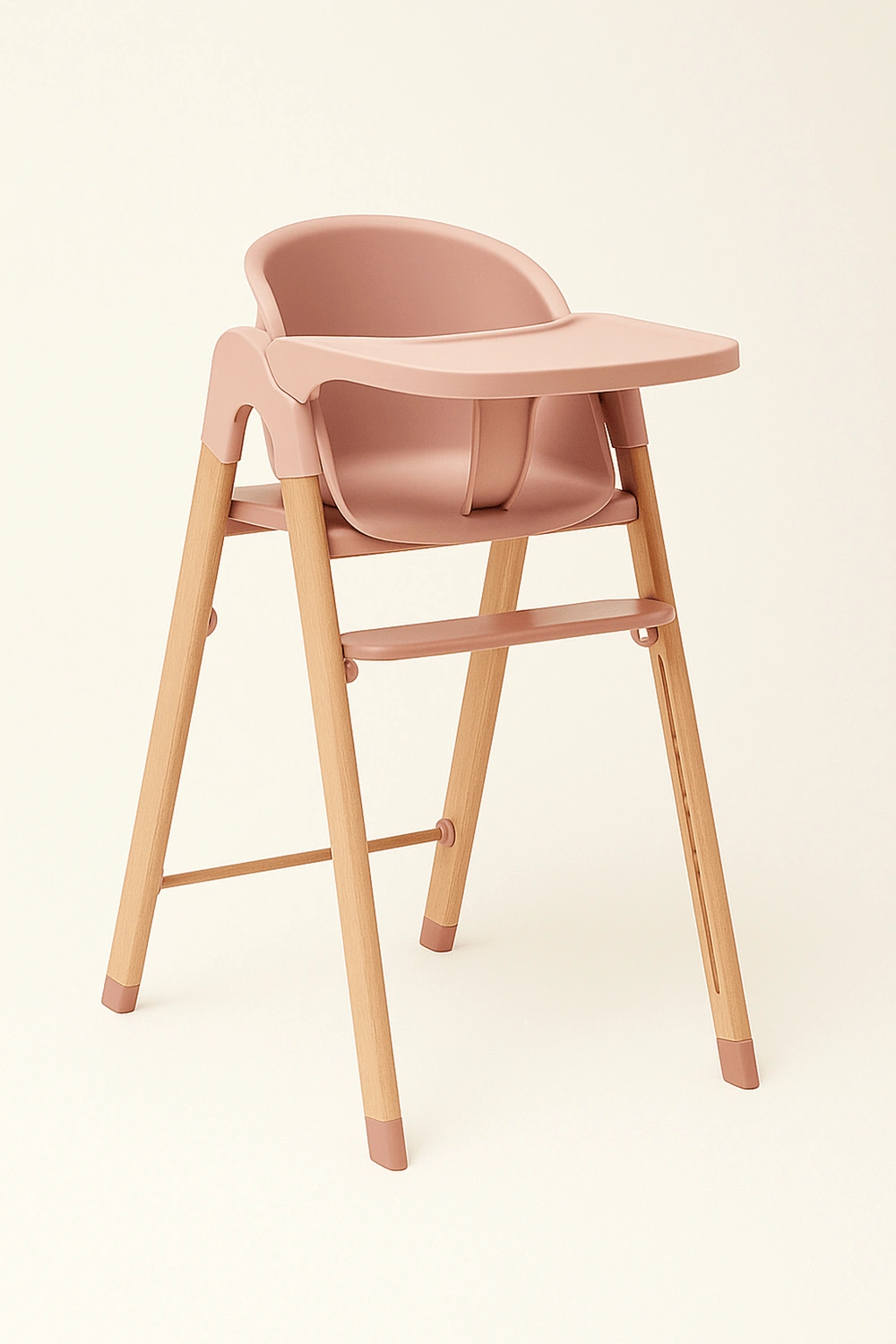 Chaise haute en plastique rose avec tablette fixe et pieds en bois, adaptée aux enfants jusqu