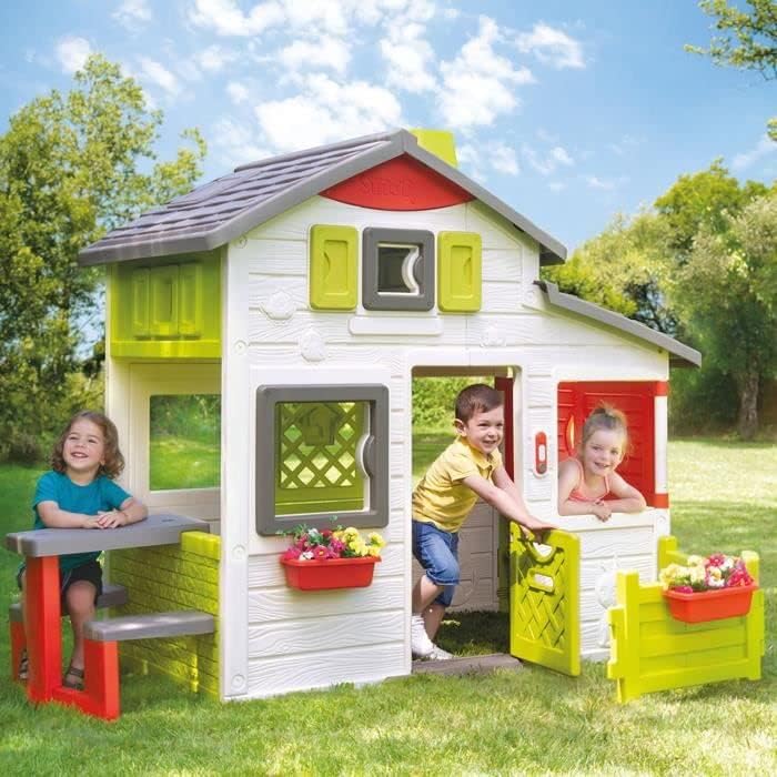 Smoby Life - Friends House EVO Spielhaus mit 2 Türen, 6 Fenstern und abnehmbarem Picknicktisch – Hergestellt aus recyceltem Material, UV-Schutz, für Kinder ab 3 Jahren (7600810208)