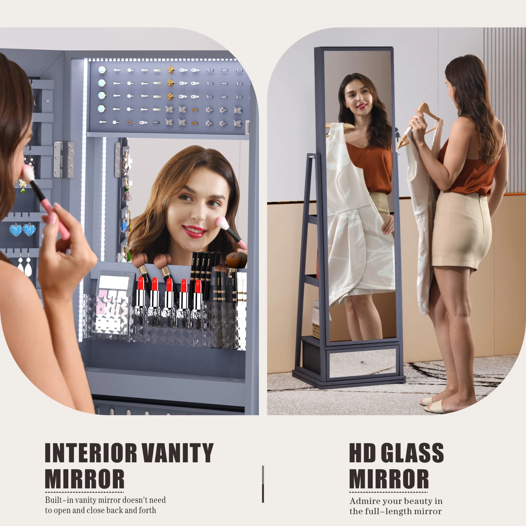 FREDEES smykkeskrin med spejl og belysning: Træorganisator med spejl i fuld længde til kvinder. Elegant grå farve.