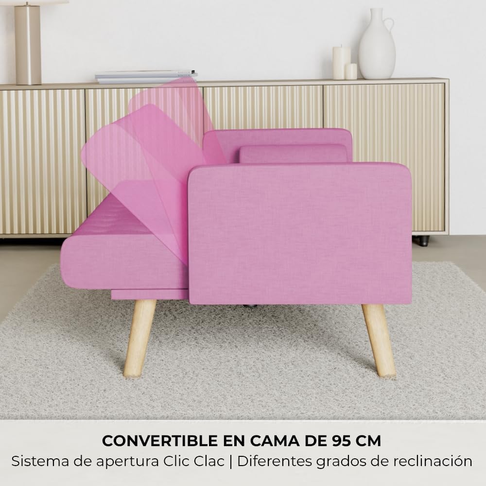 Nalui – 3-Sitzer-Schlafsofa, gepolstert, 203 x 82 x 78 cm, One Dots, mit 2 Kissen und Klick-Klack-Öffnungsmechanismus mit mehreren Liegepositionen. Chaiselongue-Schlafsofa mit Holzbeinen, umwandelbar in ein Doppelbett | Beige