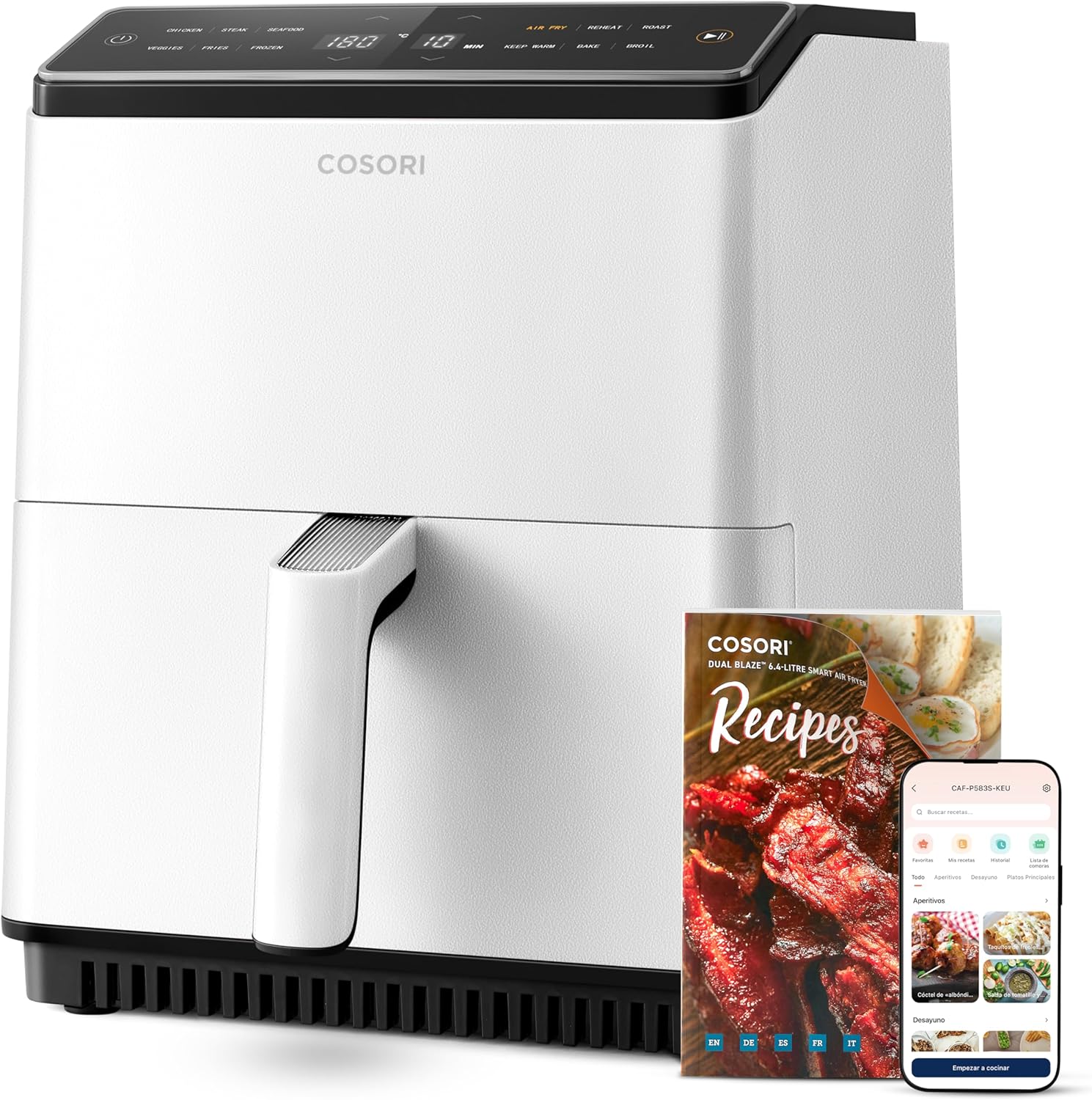 COSORI 6,4L Smart Oliefri Airfryer, Dobbelt Opvarmning, Ingen Omrøring eller Forvarmning Påkrævet, med Opskrifter på Spansk og 12 Programmer, Mørkegrå, Model CAF-P583S