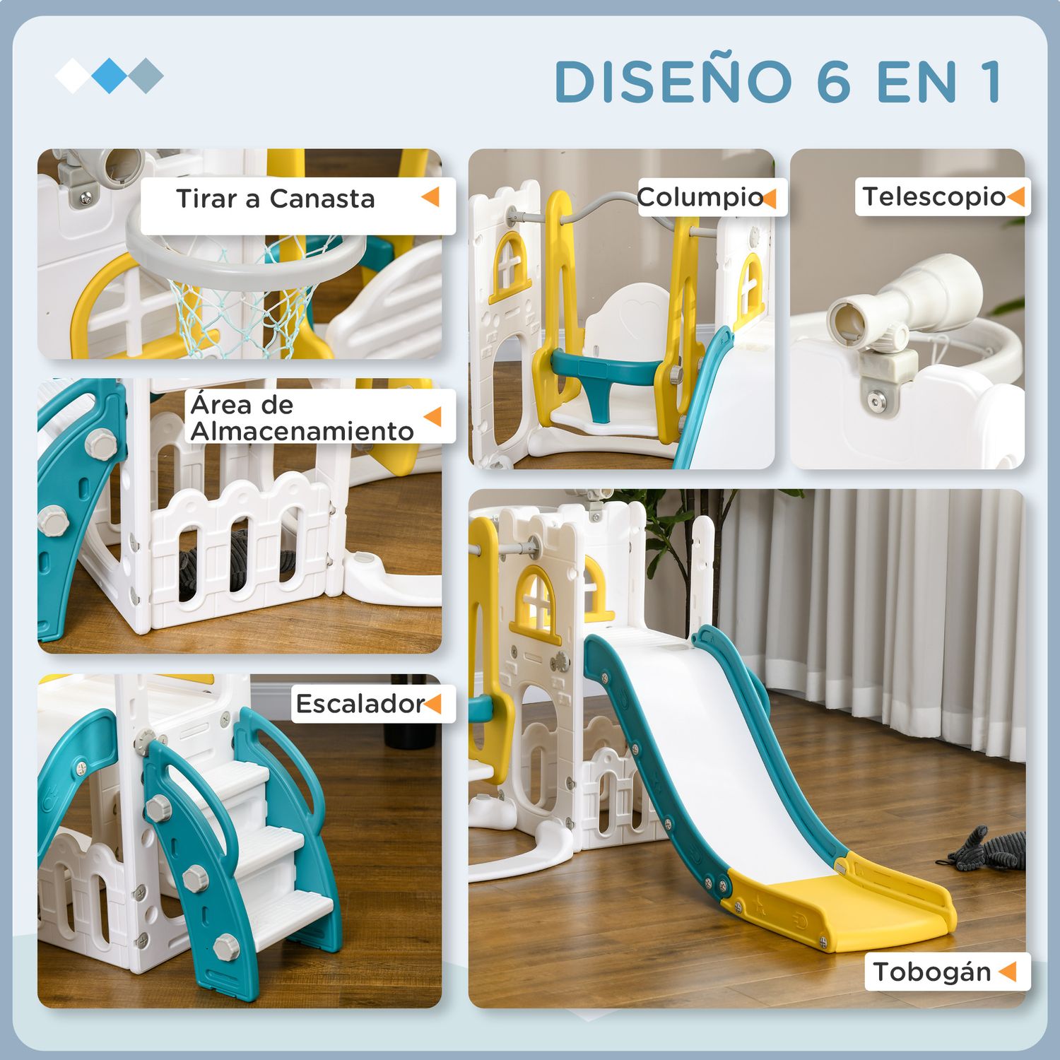 6-in-1 Kinderrutsche mit Schaukel und bunter Rutsche