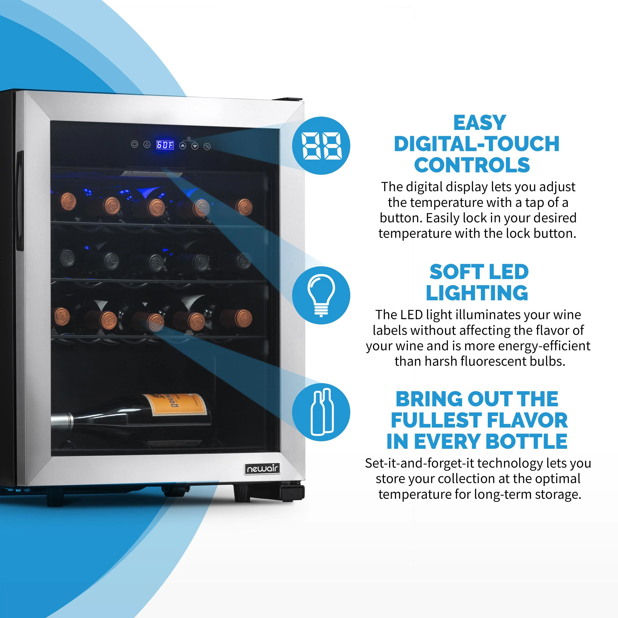 2025 Newair® Fritstående vinkøleskab i rustfrit stål – 23 flasker – 18,9