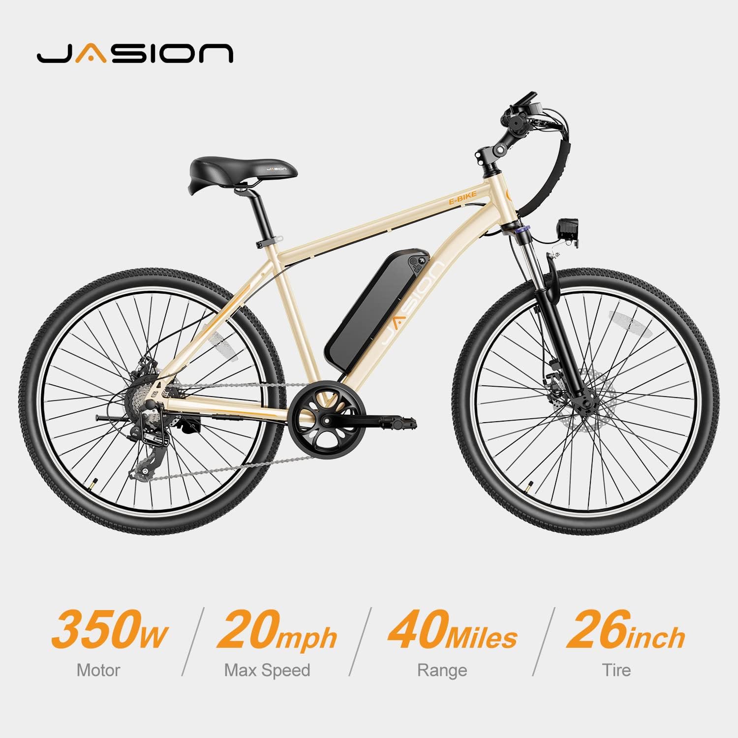Vélo électrique Jasion EB5 pour adultes avec batterie amovible de 360 ​​Wh, 64 km, 32 km/h, VTT électrique de ville avec moteur de 350 W, 7 vitesses, pneus de 26 pouces et suspension avant.
