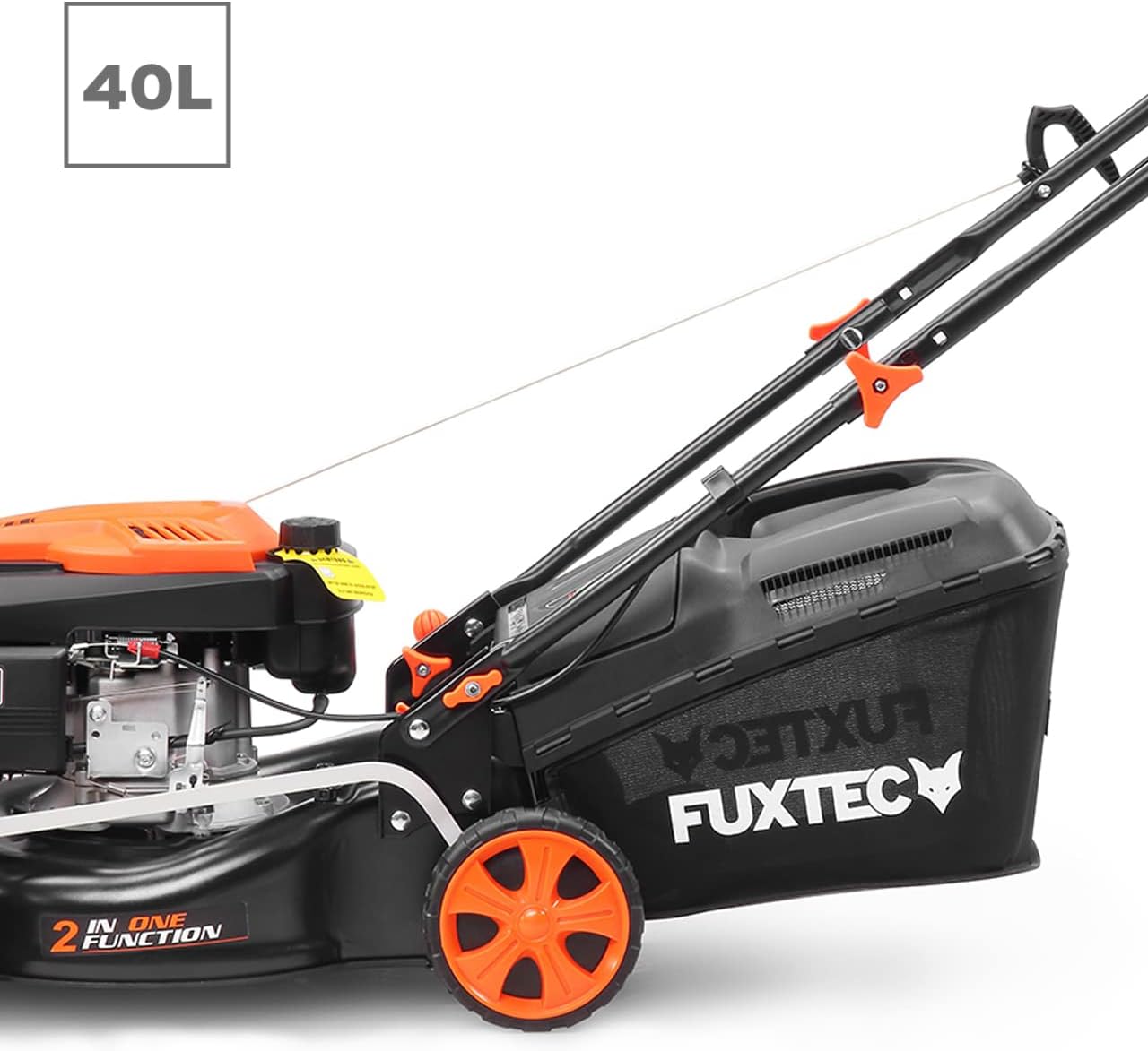 Tondeuse à gazon à essence FUXTEC FX-RM4646ECO, largeur de coupe de 46 cm, puissant moteur à essence de 146 cm³, nettoyage facile, 3 en 1, 2,6 kW, bac de ramassage mulching de 50 l.