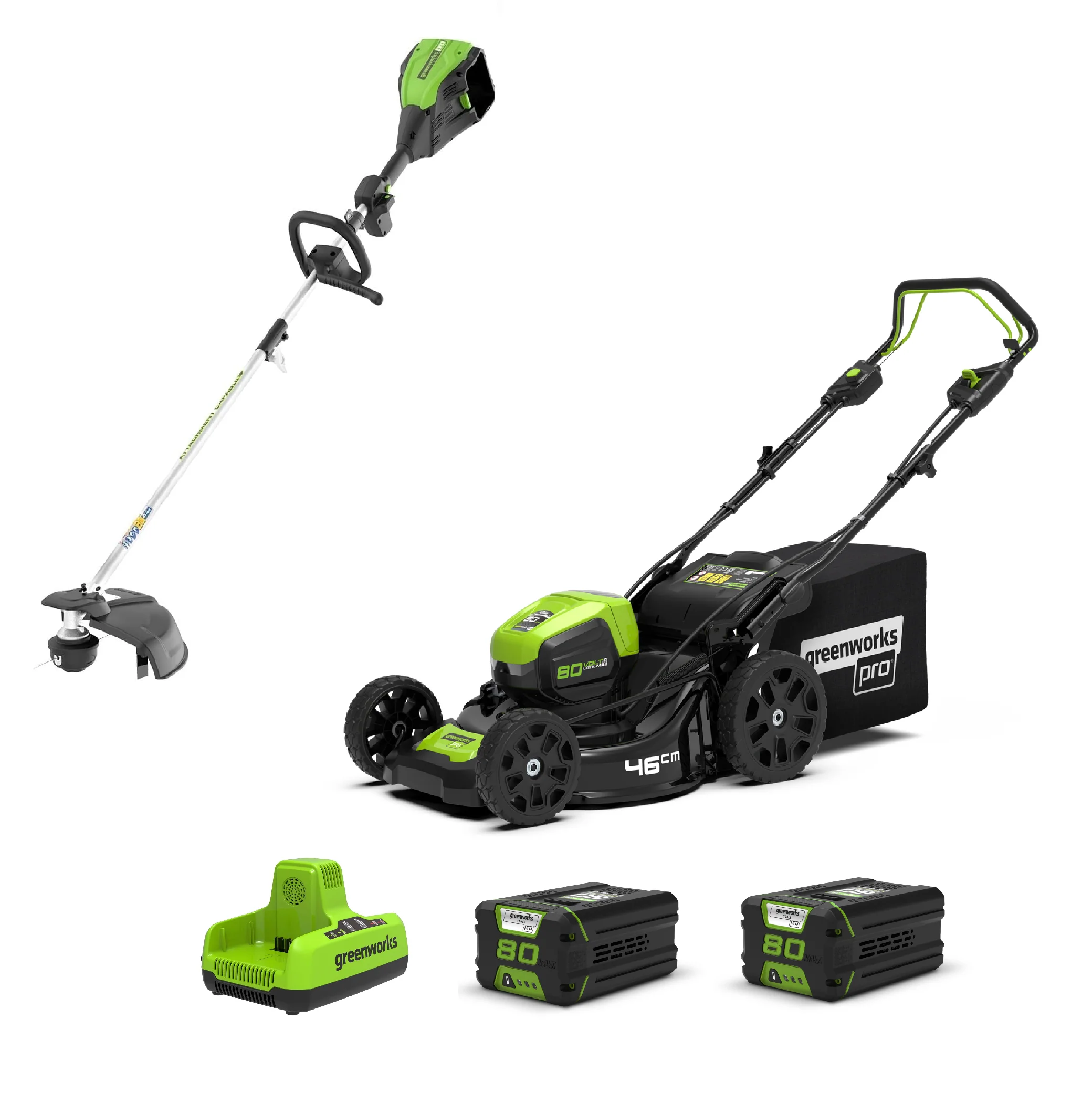 Ensemble 2025 : Tondeuse à gazon autotractée 80 V 46 cm + Coupe-bordures 36 cm – Comprend 2 batteries 2 Ah et un chargeur