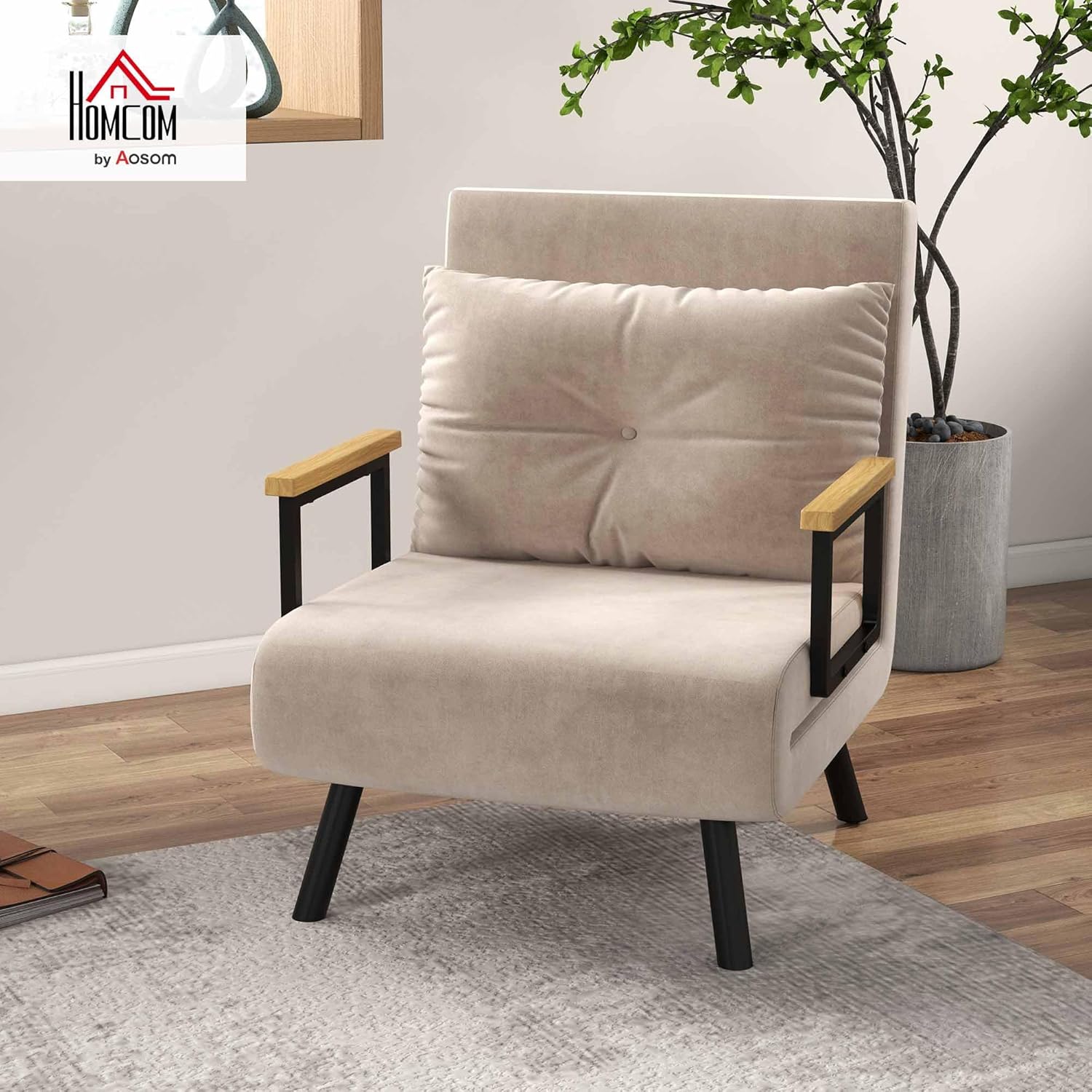 HOMCOM Schlafsofa, 2-Sitzer, Klappsofa, Samtbezug, 5-fach verstellbare Rückenlehne und gepolsterte Kissen, für Büro, Schlafzimmer, Wohnzimmer, 102 x 73 x 81 cm, Beige
