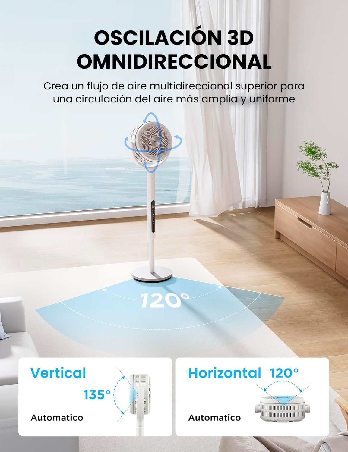 Ventilateur sur pied MIDEA 12 vitesses avec télécommande – Ventilateur silencieux avec oscillation 120º + 135º – Ventilateur avec minuterie, filtre et doubles pales – Débit d'air jusqu'à 24 mètres