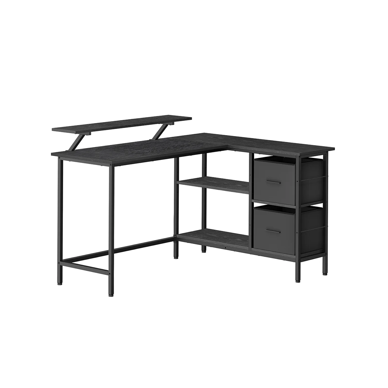 L-formet skrivebord med rummelige skuffer, skærmstativ og hylde.