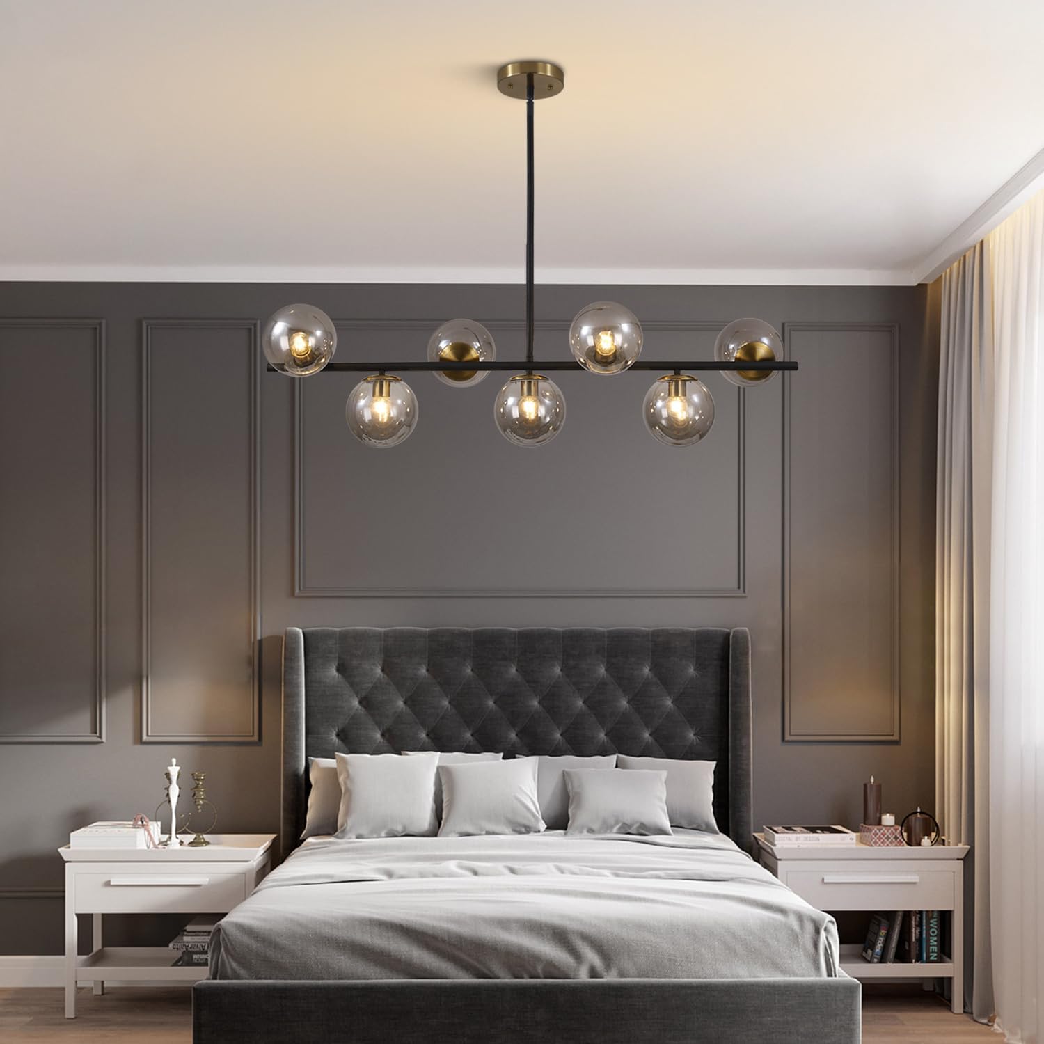 Moderne Esszimmerleuchte von KCO Lighting aus goldfarbenem Metall, Kücheninsel-Pendelleuchte aus weißem Glas, 7-flammig, E27, 80 cm höhenverstellbar