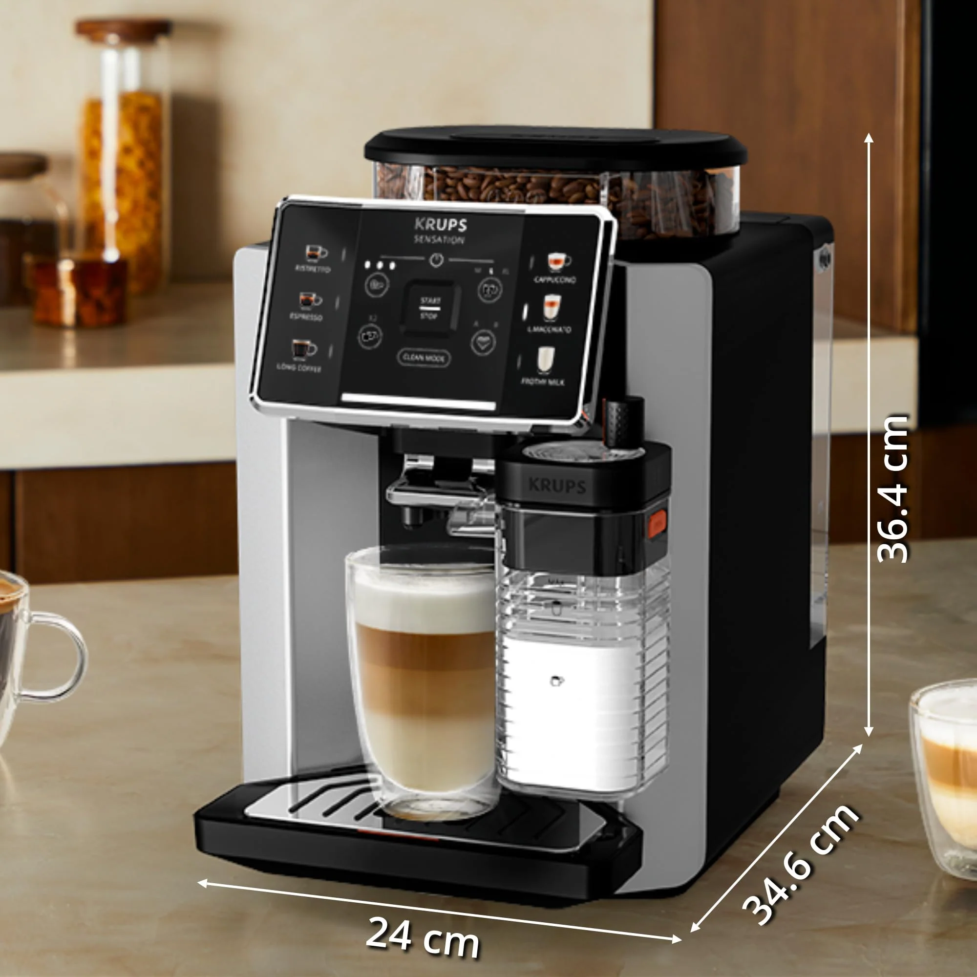 2025 Krups Essential - Superautomatisk Kaffemaskine. 15 bar tryk. Konisk metalkværn. Med valgbar mængde og styrke af kaffe. 1,7 l. 1 kop. Rustfrit stål. LCD-display + mælkekøler.
