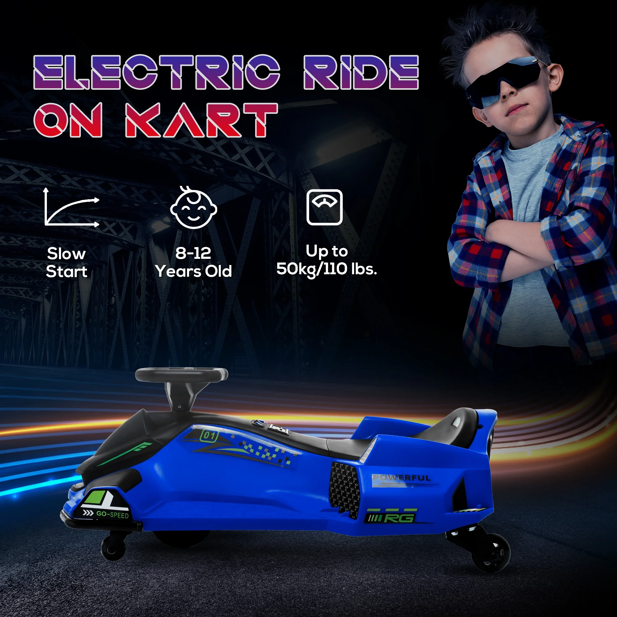 2025 Aosom 12V El-Gokart med blød start, musik og lys. Blå.