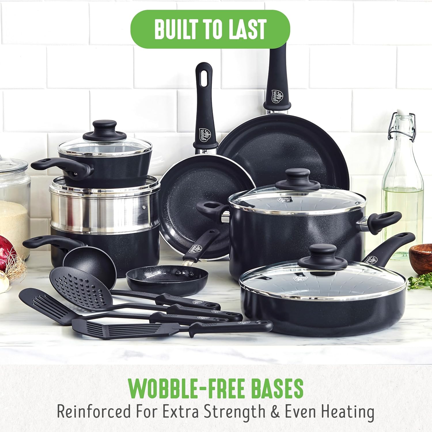 GreenLife Soft Grip 16-teiliges Antihaft-Keramik-Kochgeschirr-Set, bestehend aus Bratpfanne, Stielkasserolle und Topf, PFAS-frei, spülmaschinenfest, ofenfest, türkis