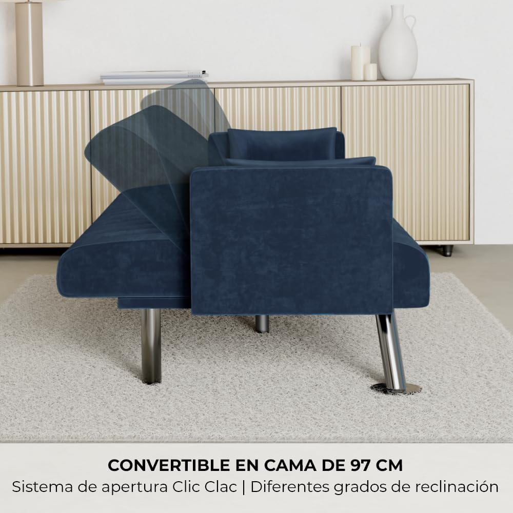 Nalui – Gepolstertes 3-Sitzer-Schlafsofa 210 x 80 x 79 cm, einlagig, 2 Kissen, Klick-Klack-Öffnungsmechanismus mit verstellbarer Rückenlehne. Samt-Chaiselongue-Schlafsofa, umwandelbar in ein Doppelbett | Beige