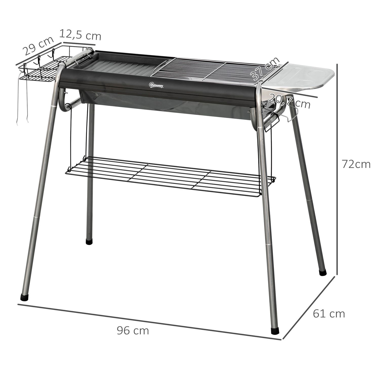 Outsunny Holzkohlegrill, Edelstahl, Metall, 96 x 61 x 72 cm, Schwarz