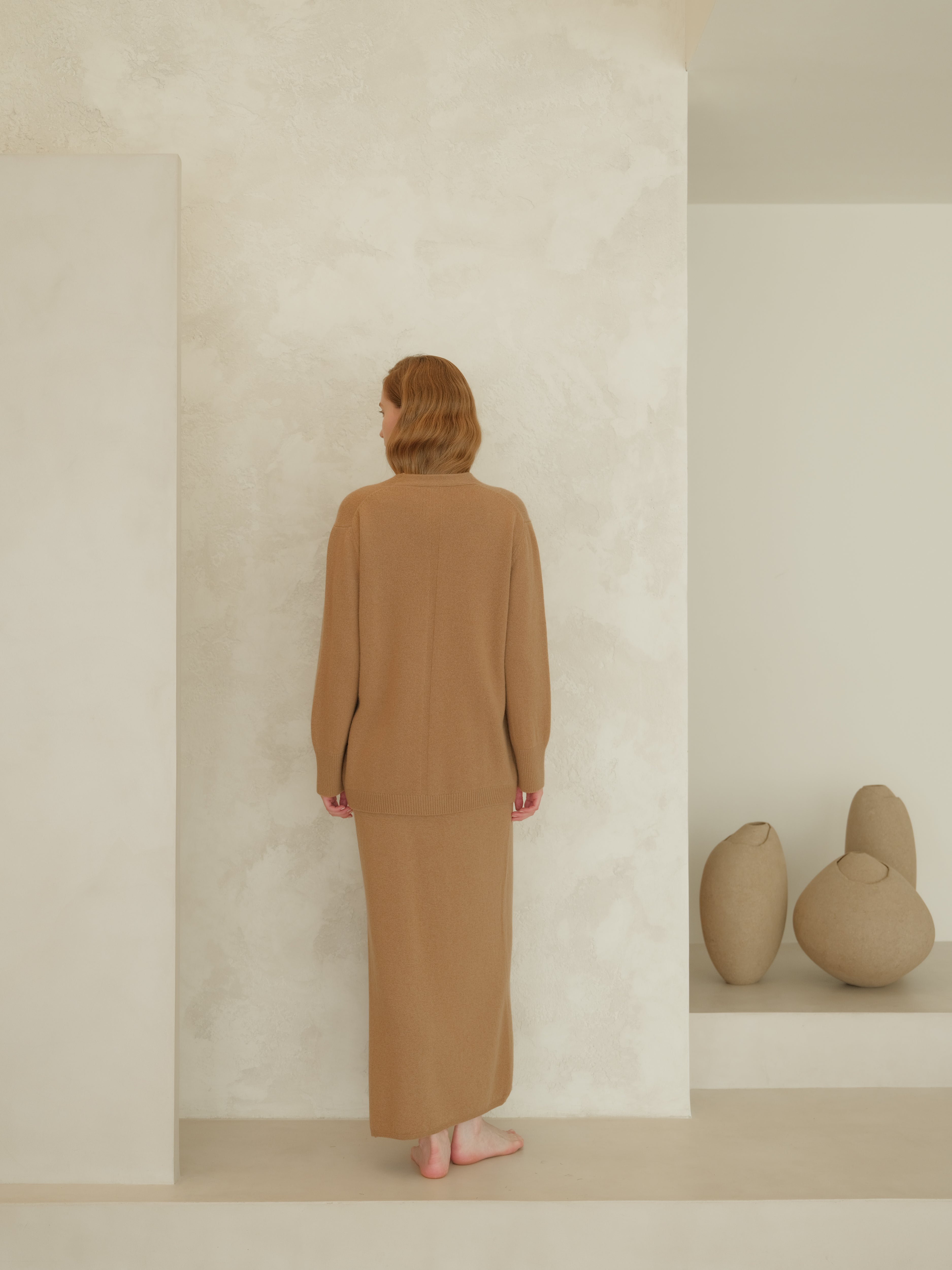 Cashmere Blend High-Waist Long Skirt With Side Slit (3D-Knit)