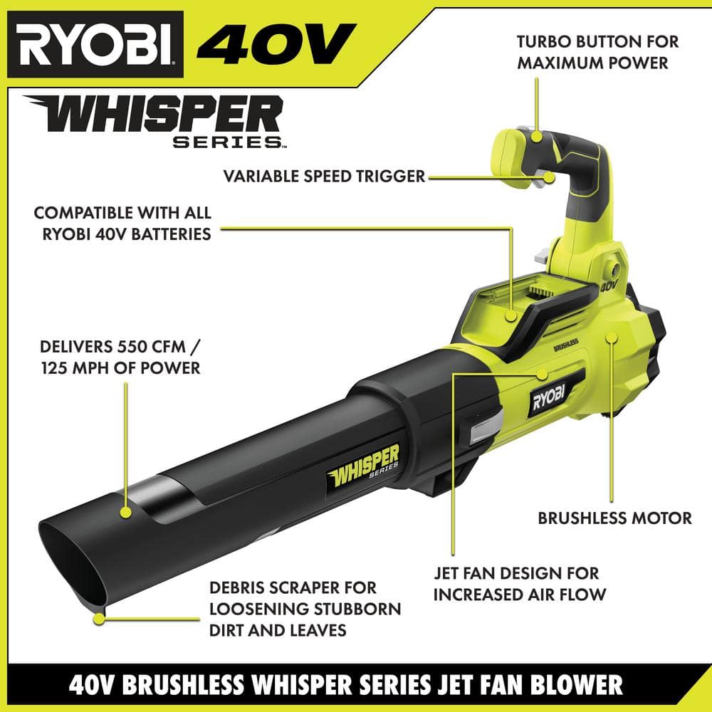 RYOBI Whisper Series 40V batteridrevet blæser med børsteløs motor, 200 km/t hastighed og 550 CFM luftstrøm, med 4,0 Ah batteri og oplader RY40470