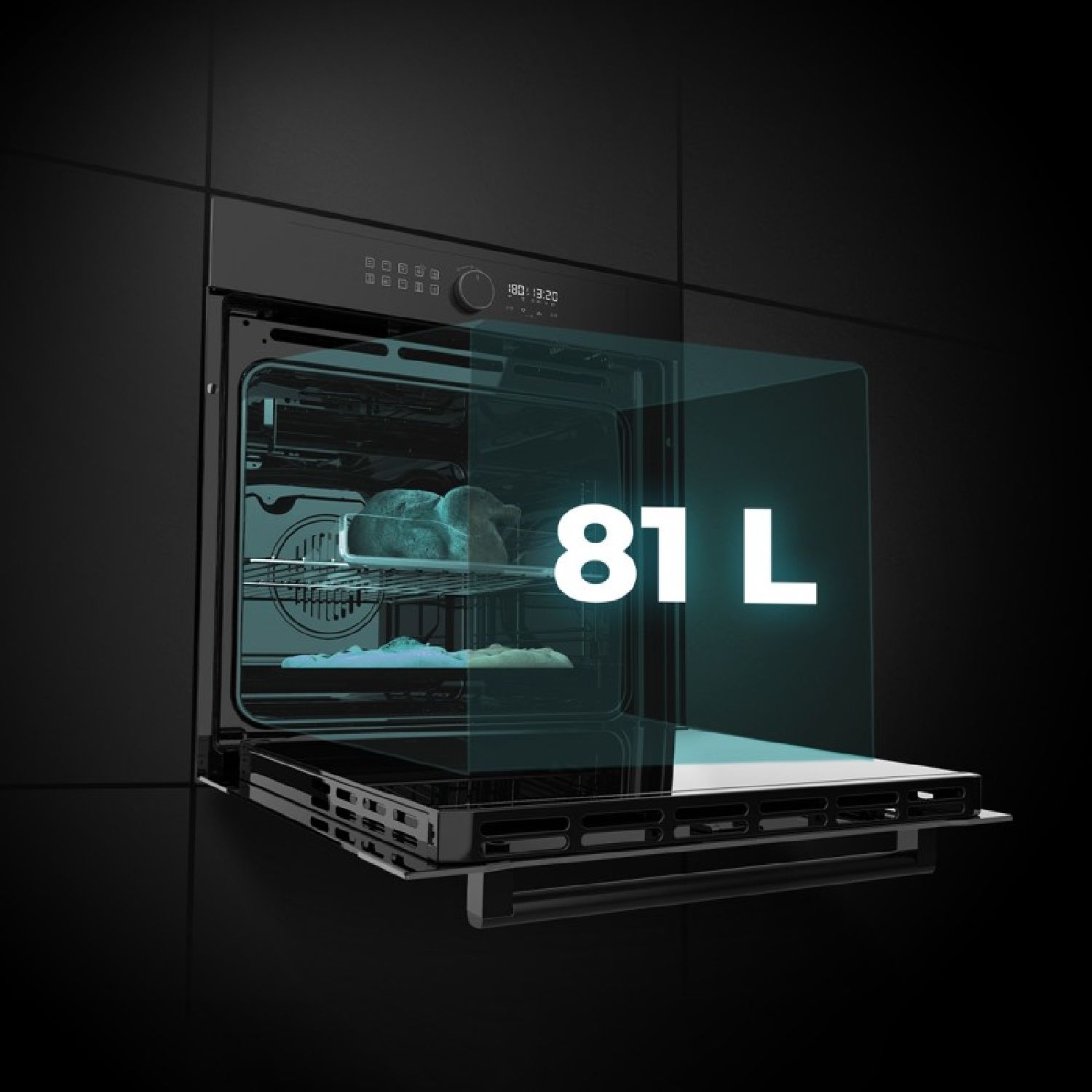 Einbau-Heißluftfritteuse, Glas, Schwarz, 81 l Fassungsvermögen, 11 Funktionen mit Airfryer Master, Pizza Master, Dampfgarer, Dampfgarer E