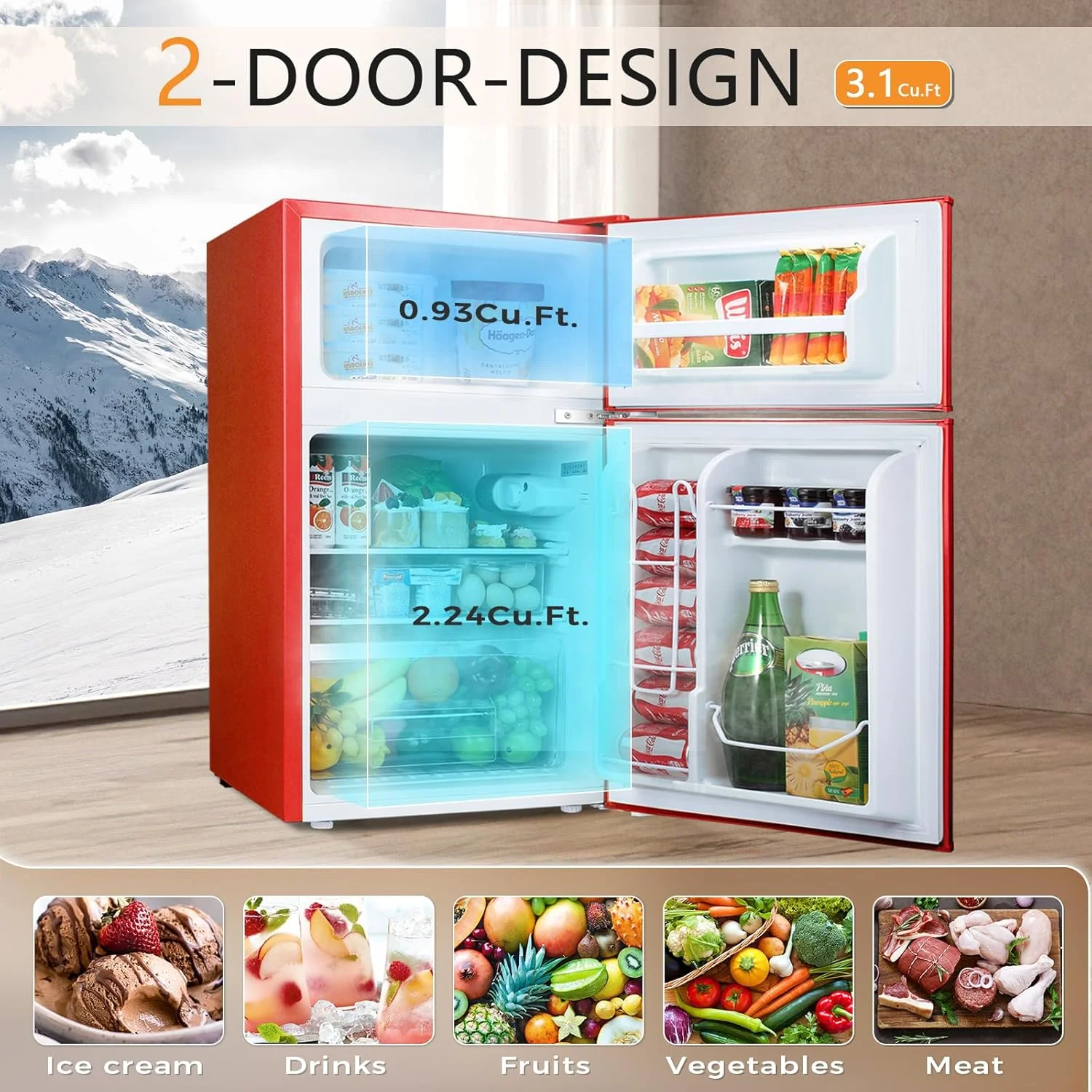 Kompaktkühlschrank Antarctic Star 2025 mit separatem Gefrierfach. Minikühlschrank mit Doppeltür. Verstellbare und herausnehmbare Ablagen. Retro-Design in Edelstahl. Für Wohnzimmer, Küche, Schlafzimmer oder Büro. 90 Liter Nutzinhalt. Farbe: Grün.