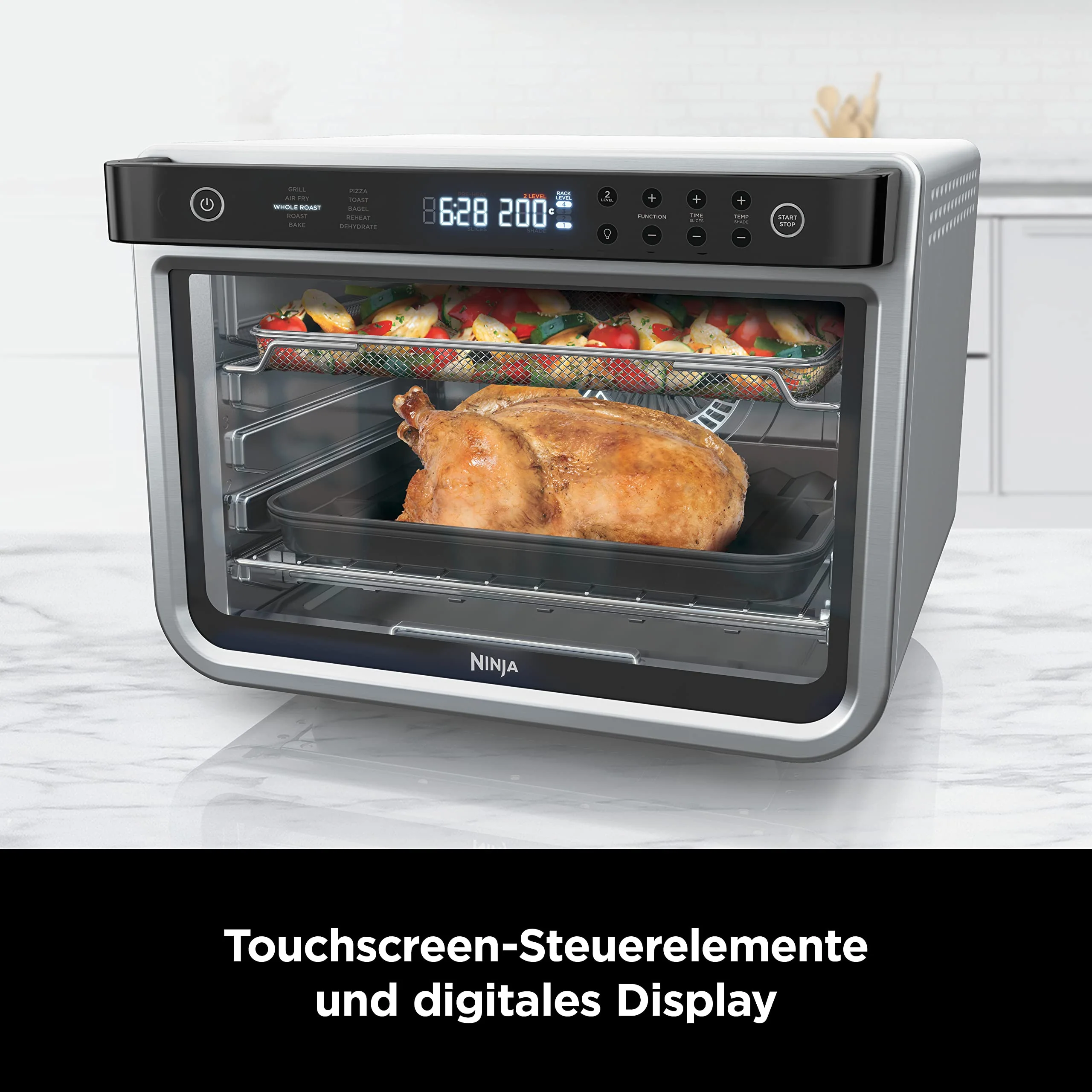 Ninja Foodi 10-in-1 Multifunktionsbackofen (Modelljahr 2025). Tragbarer Mini-Tischbackofen. Vielseitiger Backofen mit 10 Kochfunktionen: Heißluftfrittieren, Braten, Grillen, Backen und mehr. Silber/Schwarz DT200EU