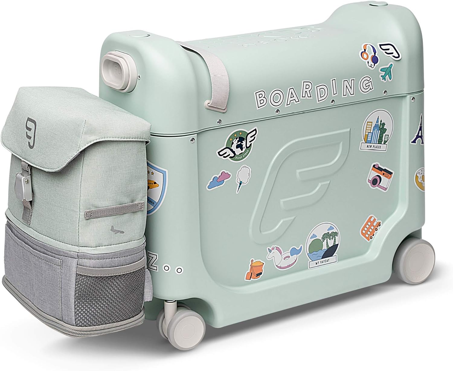 JetKids by Stokke Reise-Set – Enthält einen Kinderkoffer zum Draufsitzen mit Flugbett + Crew-Rucksack – Ideal für Kinder von 3 bis 7 Jahren