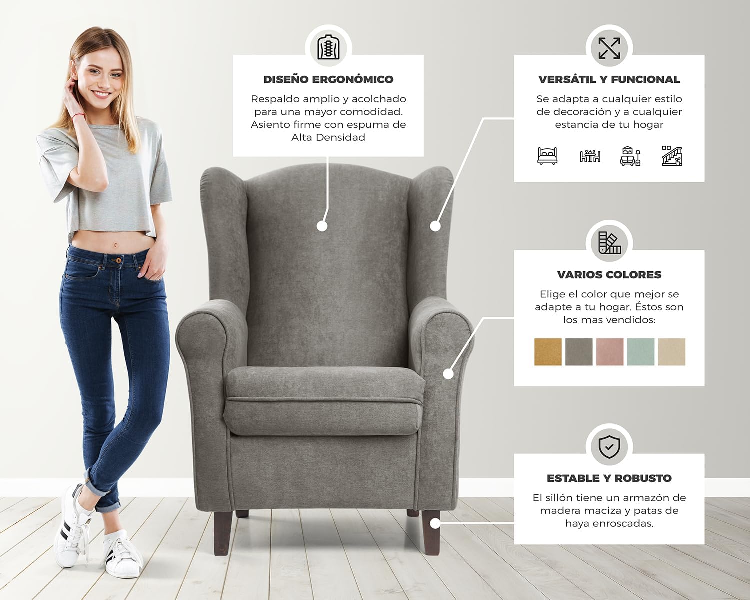 SUENOSZZZ-REST SPECIALISTS SUENOS ZZZ - Irene Sessel, Ohrensessel mit Stillfunktion, bezogen mit fleckenabweisendem braunem Stoff, Sessel für Schlafzimmer, Wohnzimmer oder Babyzimmer