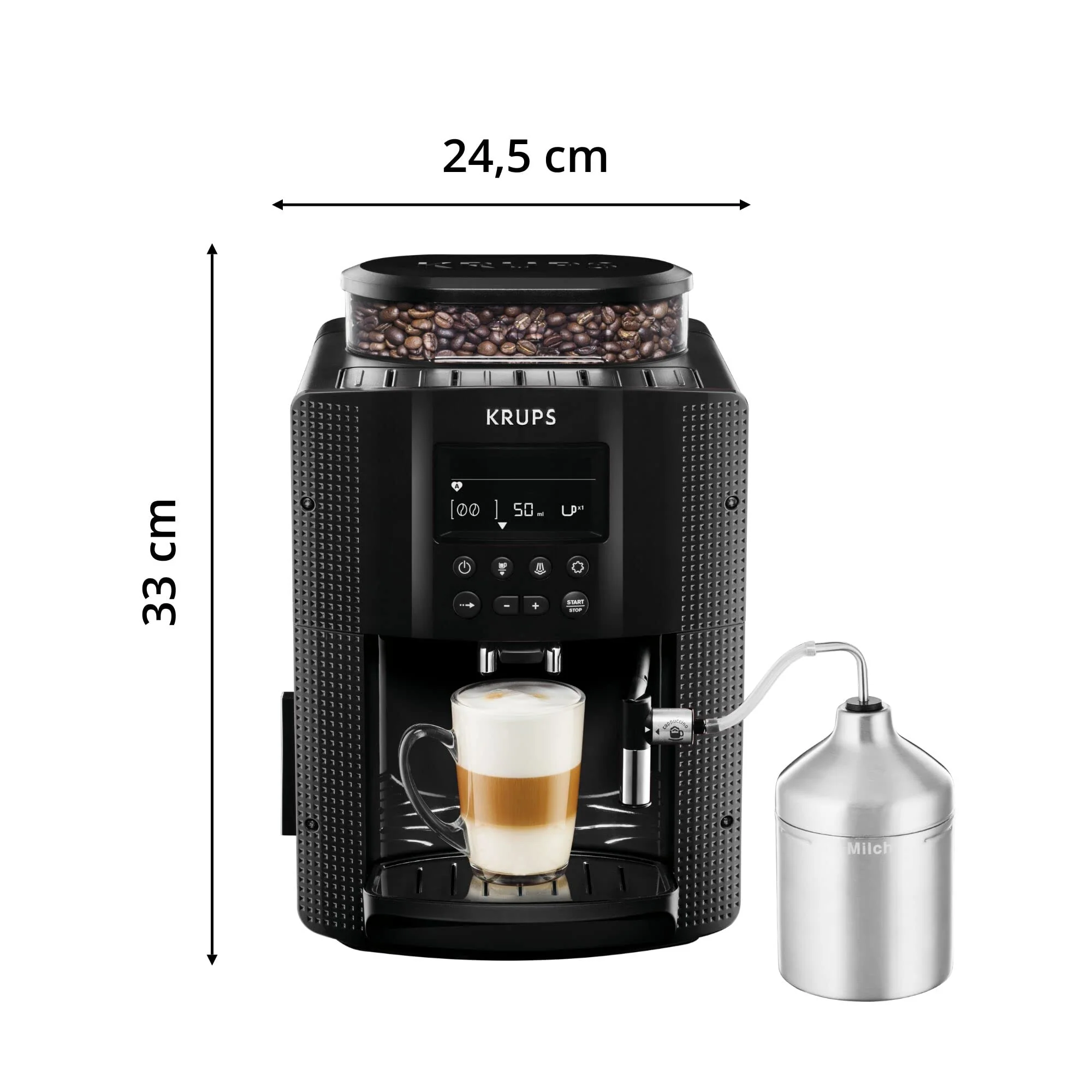 Krups Essential 2025 - Máquina de Café Superautomática. Pressão de 15 bar. Moedor cônico de metal. Com quantidade e intensidade de café selecionáveis. 1,7 L. 1 xícara. Aço inoxidável. Visor LCD + compartimento para leite.