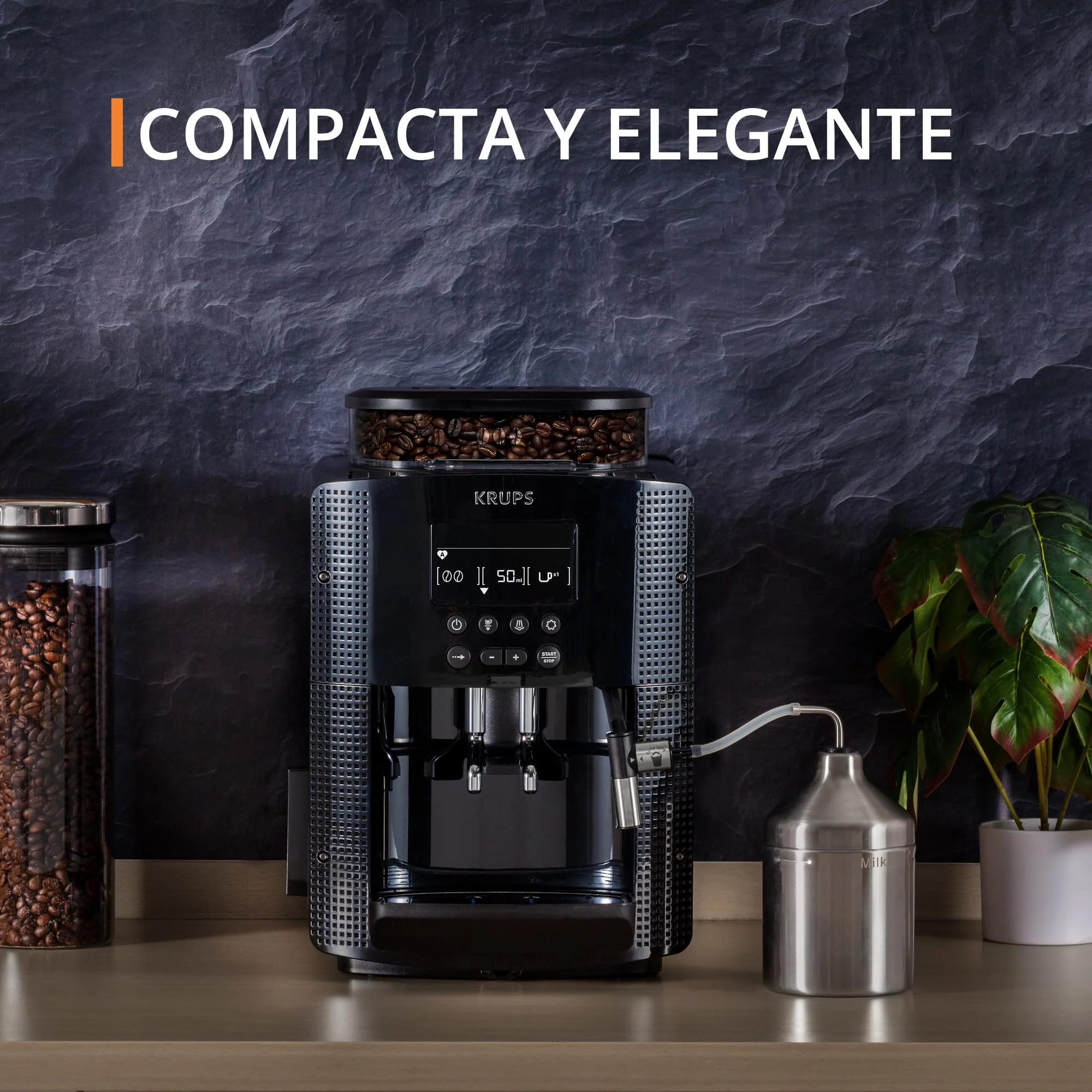 Krups Essential 2025 - Máquina de Café Superautomática. Pressão de 15 bar. Moedor cônico de metal. Com quantidade e intensidade de café selecionáveis. 1,7 L. 1 xícara. Aço inoxidável. Visor LCD + compartimento para leite.