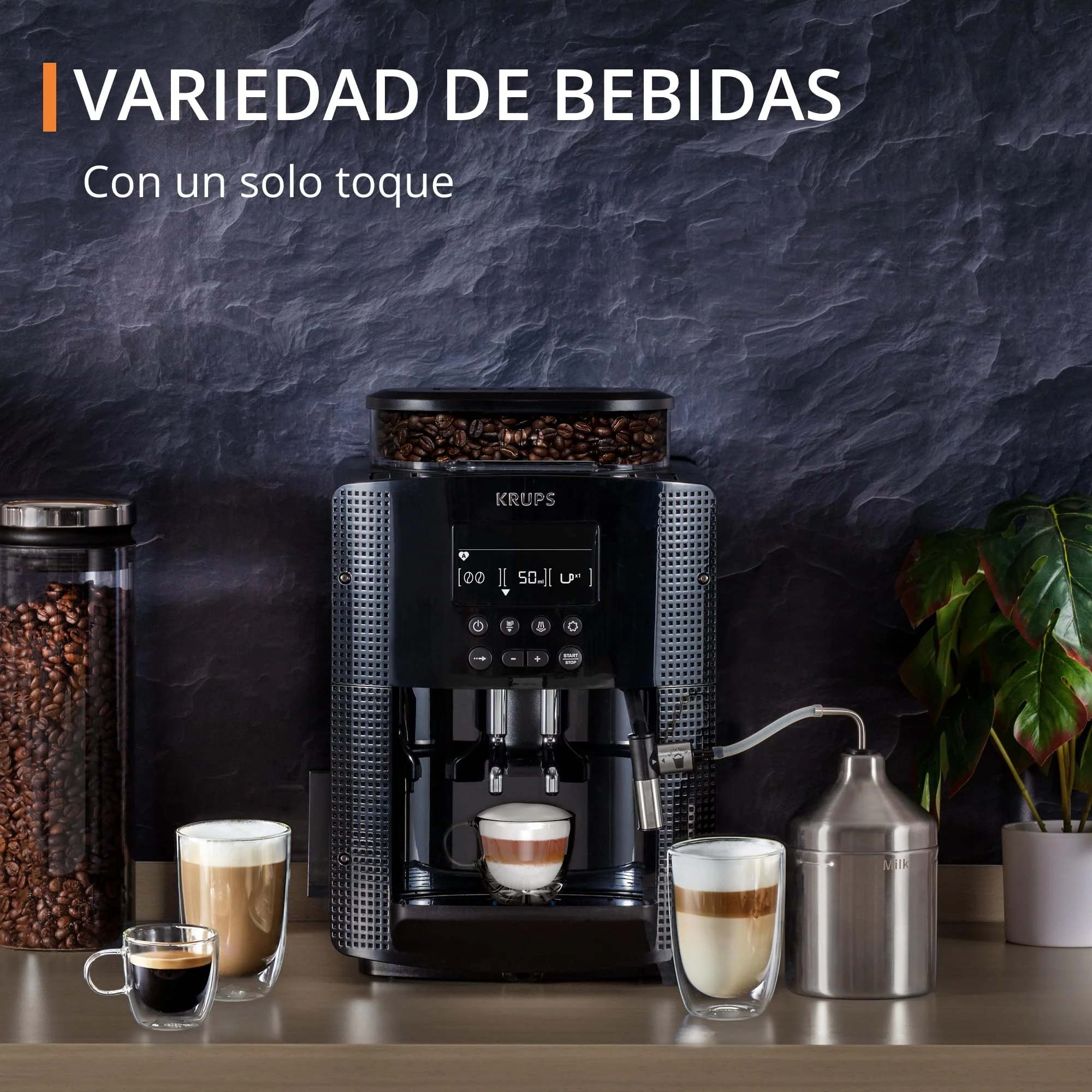 Krups Essential 2025 - Máquina de Café Superautomática. Pressão de 15 bar. Moedor cônico de metal. Com quantidade e intensidade de café selecionáveis. 1,7 L. 1 xícara. Aço inoxidável. Visor LCD + compartimento para leite.