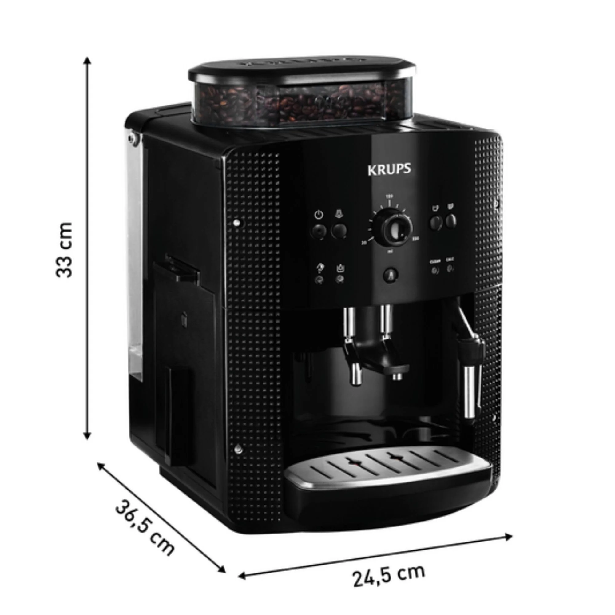 Krups Essential 2025 - Máquina de Café Superautomática. Pressão de 15 bar. Moedor cônico de metal. Com quantidade e intensidade de café selecionáveis. 1,7 L. 1 xícara. Aço inoxidável. Visor LCD + compartimento para leite.