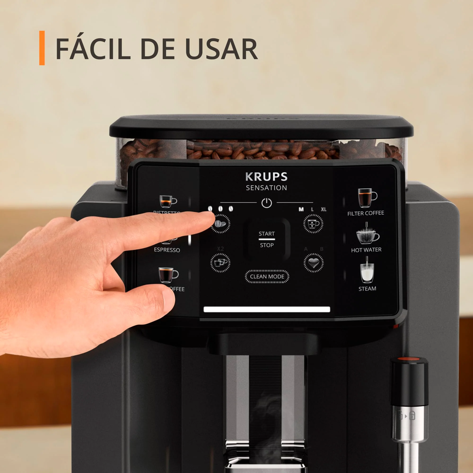 Krups Essential 2025 - Máquina de Café Superautomática. Pressão de 15 bar. Moedor cônico de metal. Com quantidade e intensidade de café selecionáveis. 1,7 L. 1 xícara. Aço inoxidável. Visor LCD + compartimento para leite.