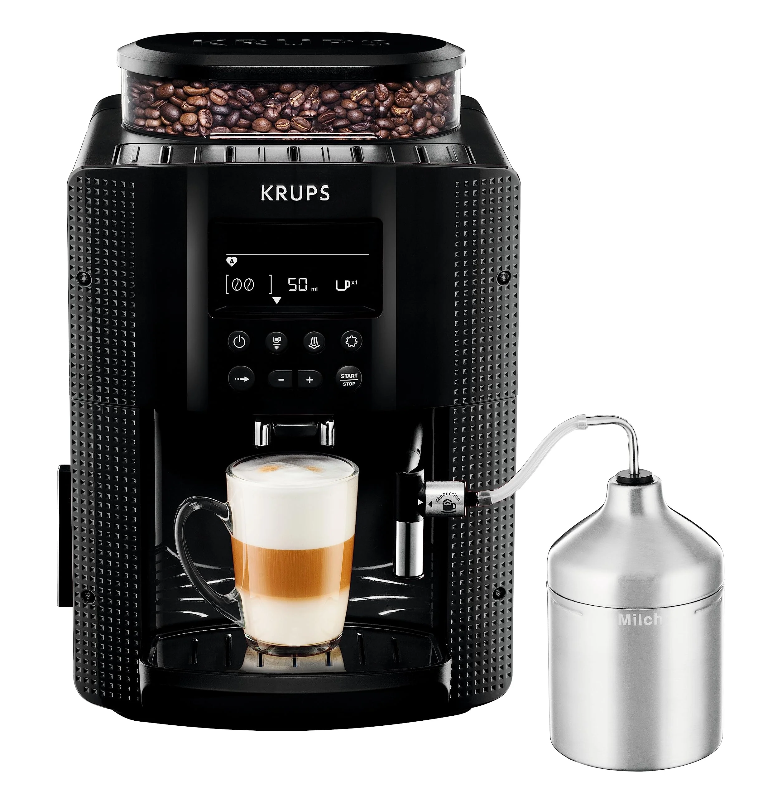 Krups Essential 2025 - Máquina de Café Superautomática. Pressão de 15 bar. Moedor cônico de metal. Com quantidade e intensidade de café selecionáveis. 1,7 L. 1 xícara. Aço inoxidável. Visor LCD + compartimento para leite.