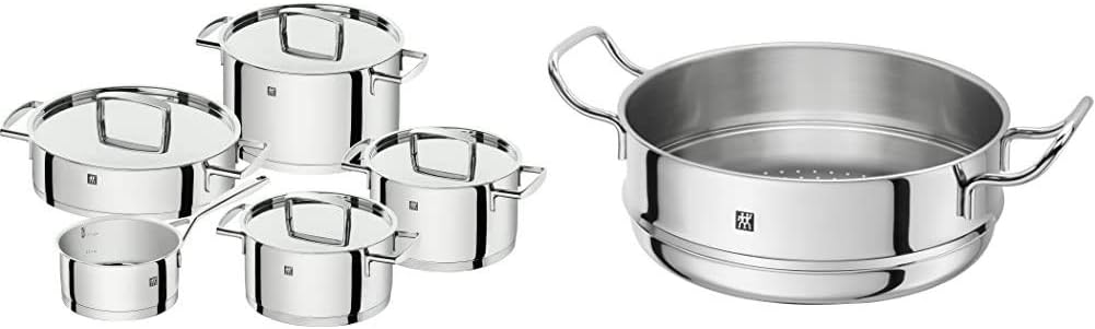 ZWILLING 5-teiliges Kochgeschirr-Set, 4 Deckel, induktionsgeeignet, Edelstahl, Farbe: Passion, Hellgrau, Durchmesser: 16 cm, 20 cm, 24 cm, 28 cm