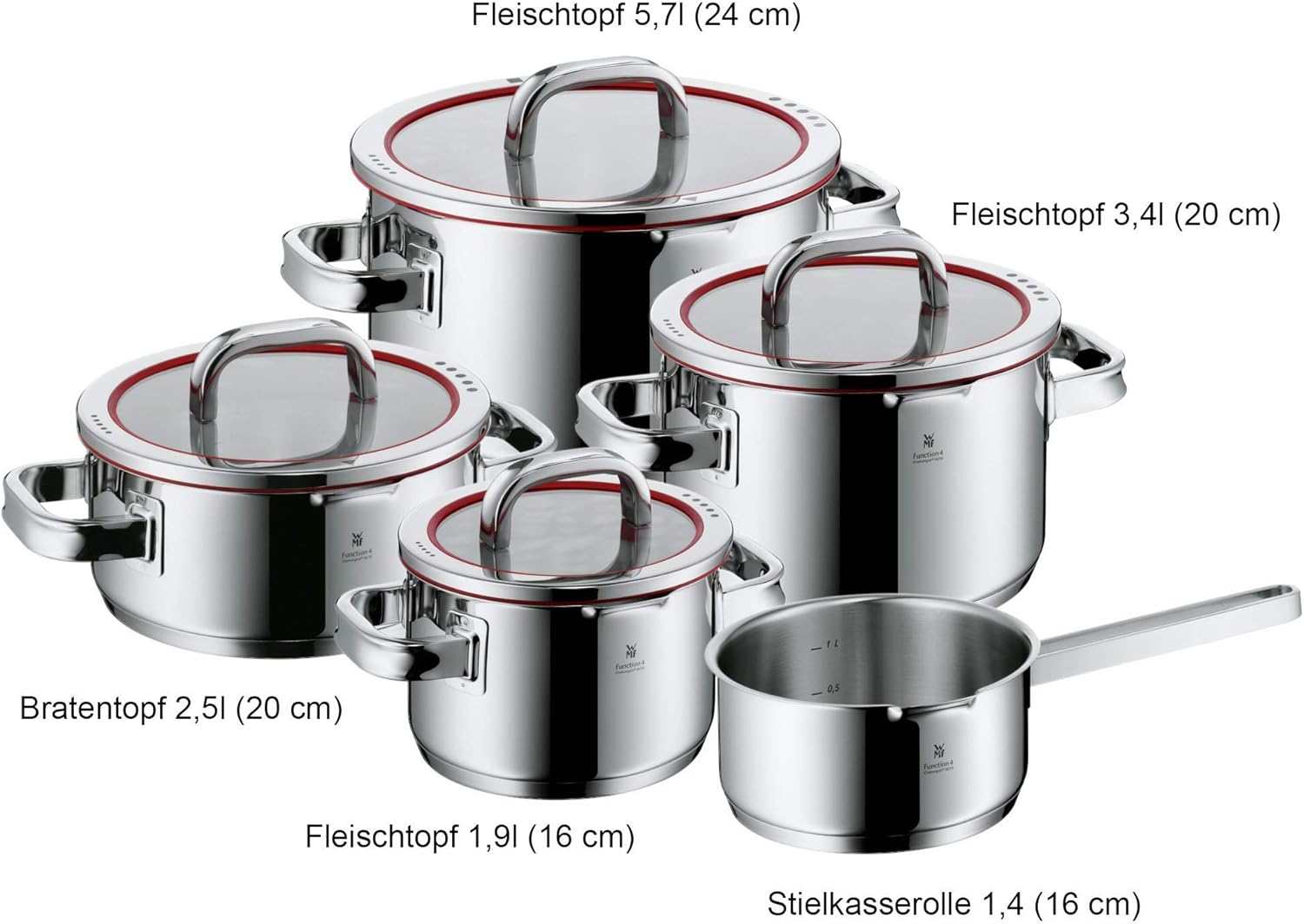 WMF Function 4-5-teiliges Kochgeschirr-Set, Edelstahl, induktionsgeeignet, 1 niedriger Topf (20 cm), 3 hohe Töpfe (16 cm, 20 cm und 24 cm) mit Deckel, 1 Topf (16 cm)